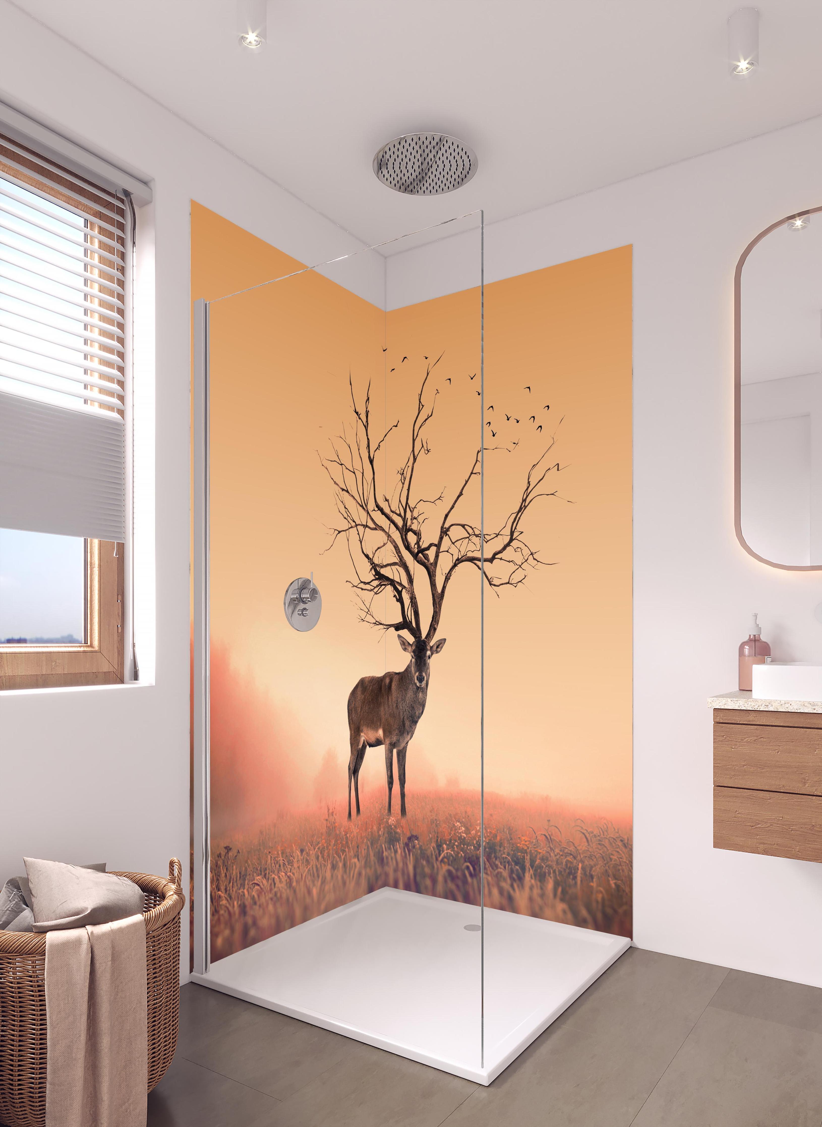 Duschrückwand - Hirsch mit abstraktem Baum-Geweih in hellem Badezimmer mit Regenduschkopf - zweiteilige Eck-Duschrückwand