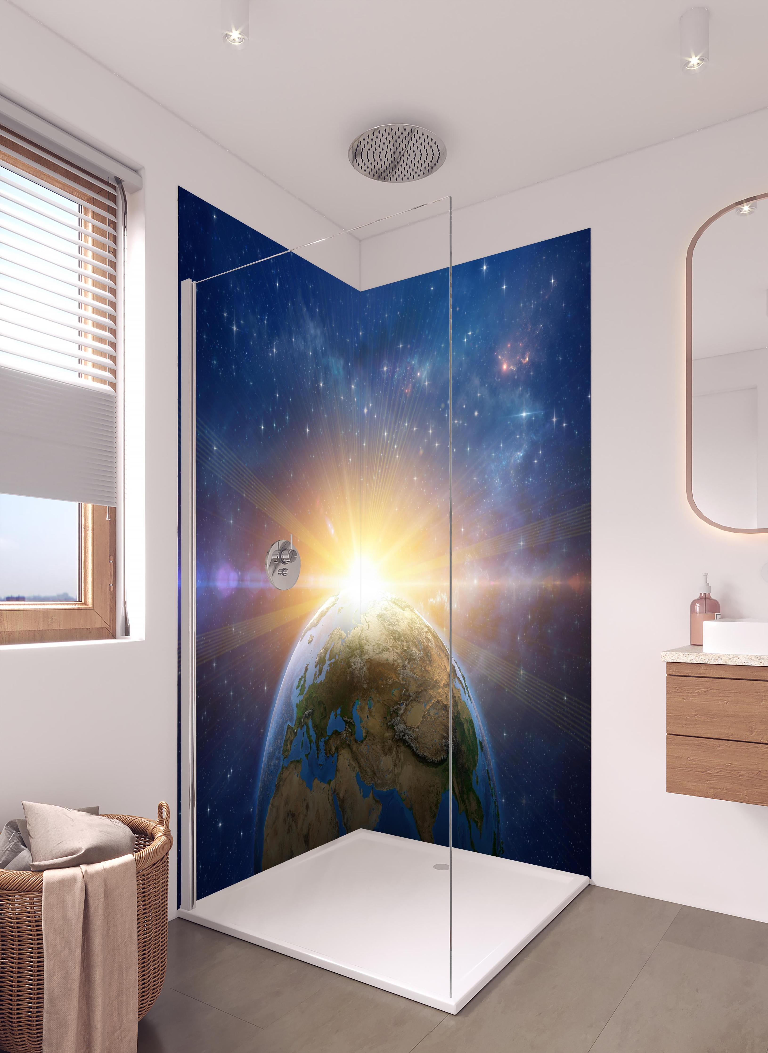 Duschrückwand - Illustrierter Sonnenaufgang aus dem Weltall in hellem Badezimmer mit Regenduschkopf - zweiteilige Eck-Duschrückwand