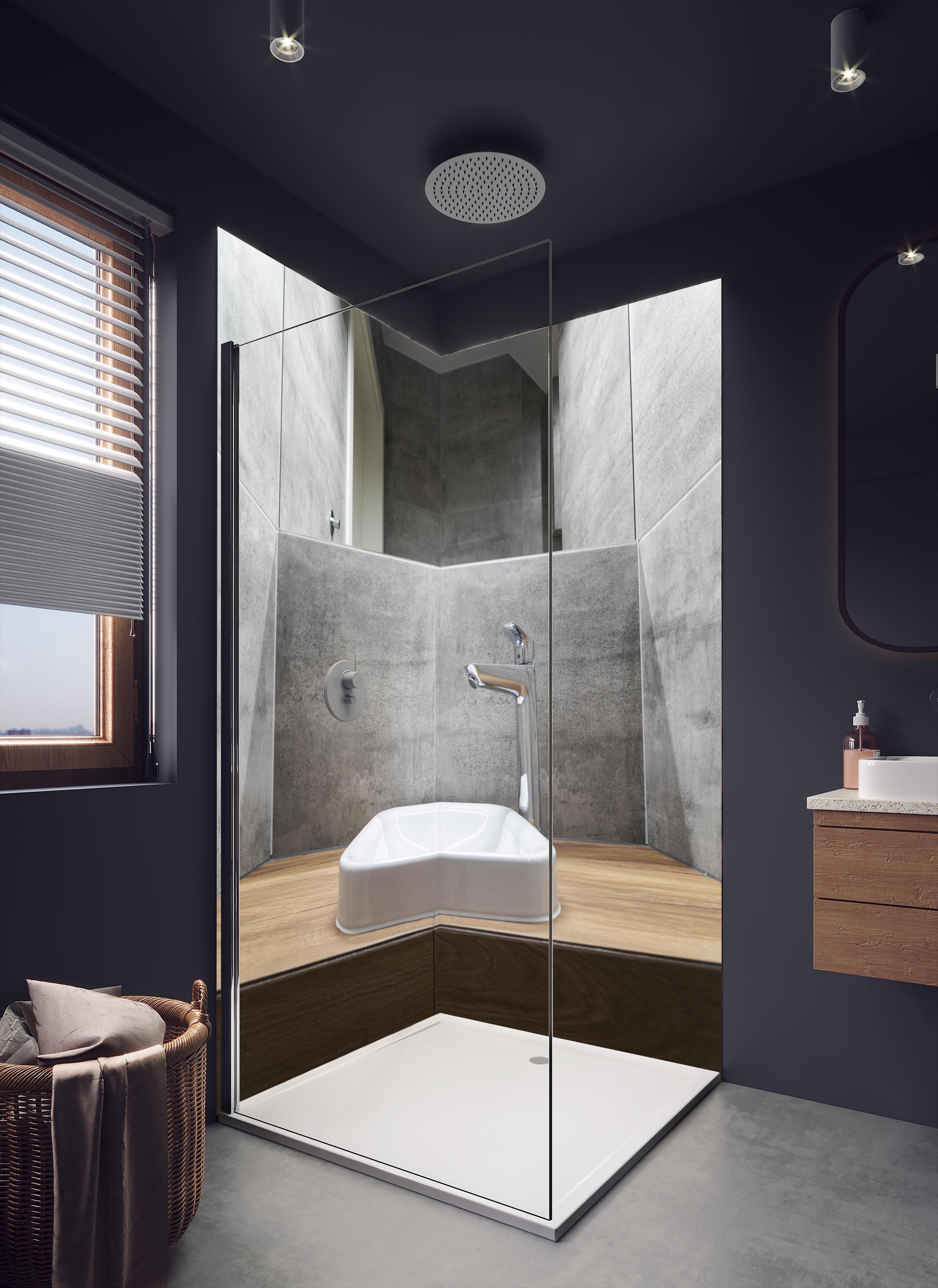 Duschrückwand - Interieur eines modernen Badezimmers in dunklem Badezimmer mit Regenduschkopf