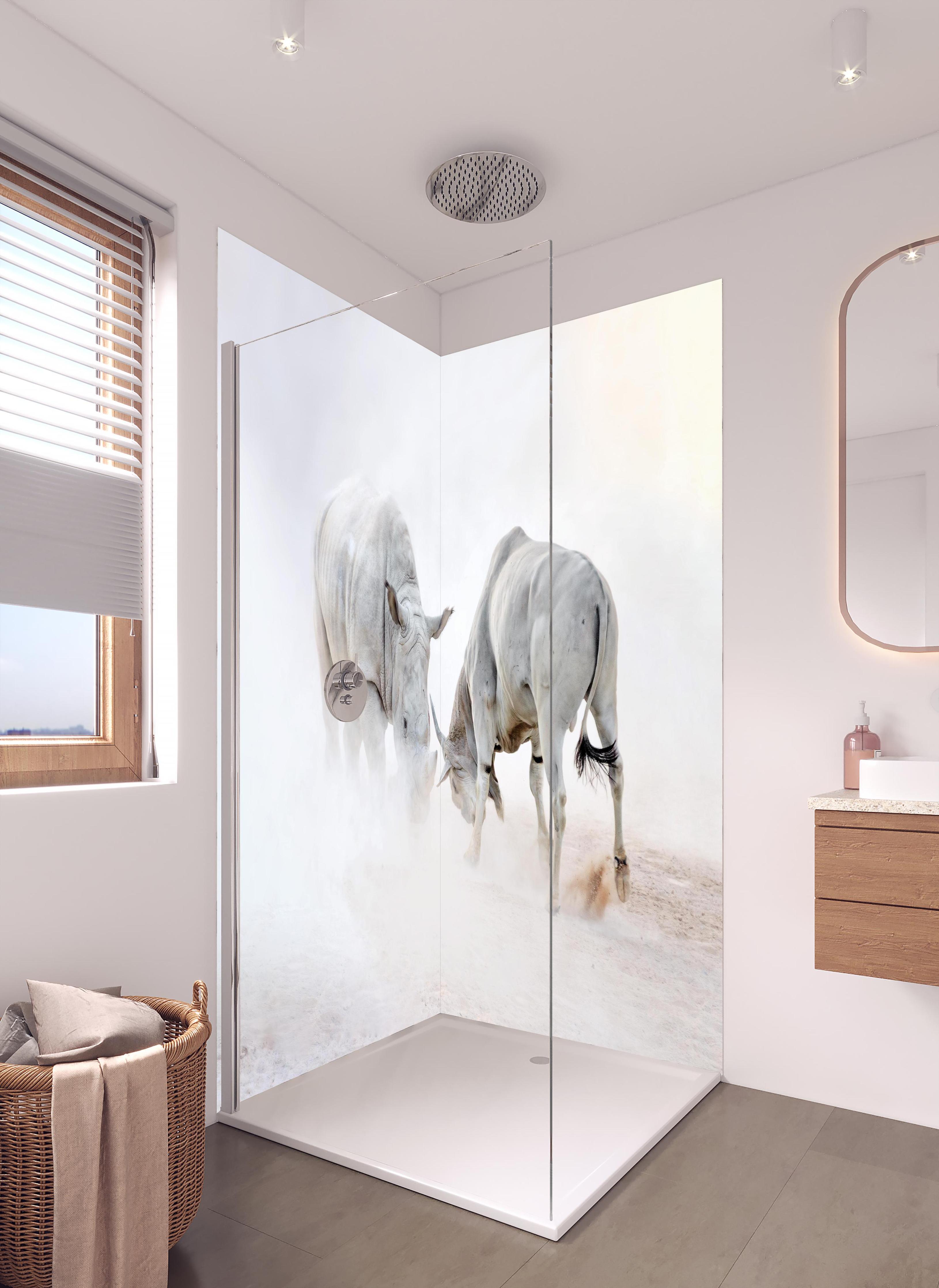 Duschrückwand - Kampf zwischen Nashorn und Oryx in hellem Badezimmer mit Regenduschkopf - zweiteilige Eck-Duschrückwand