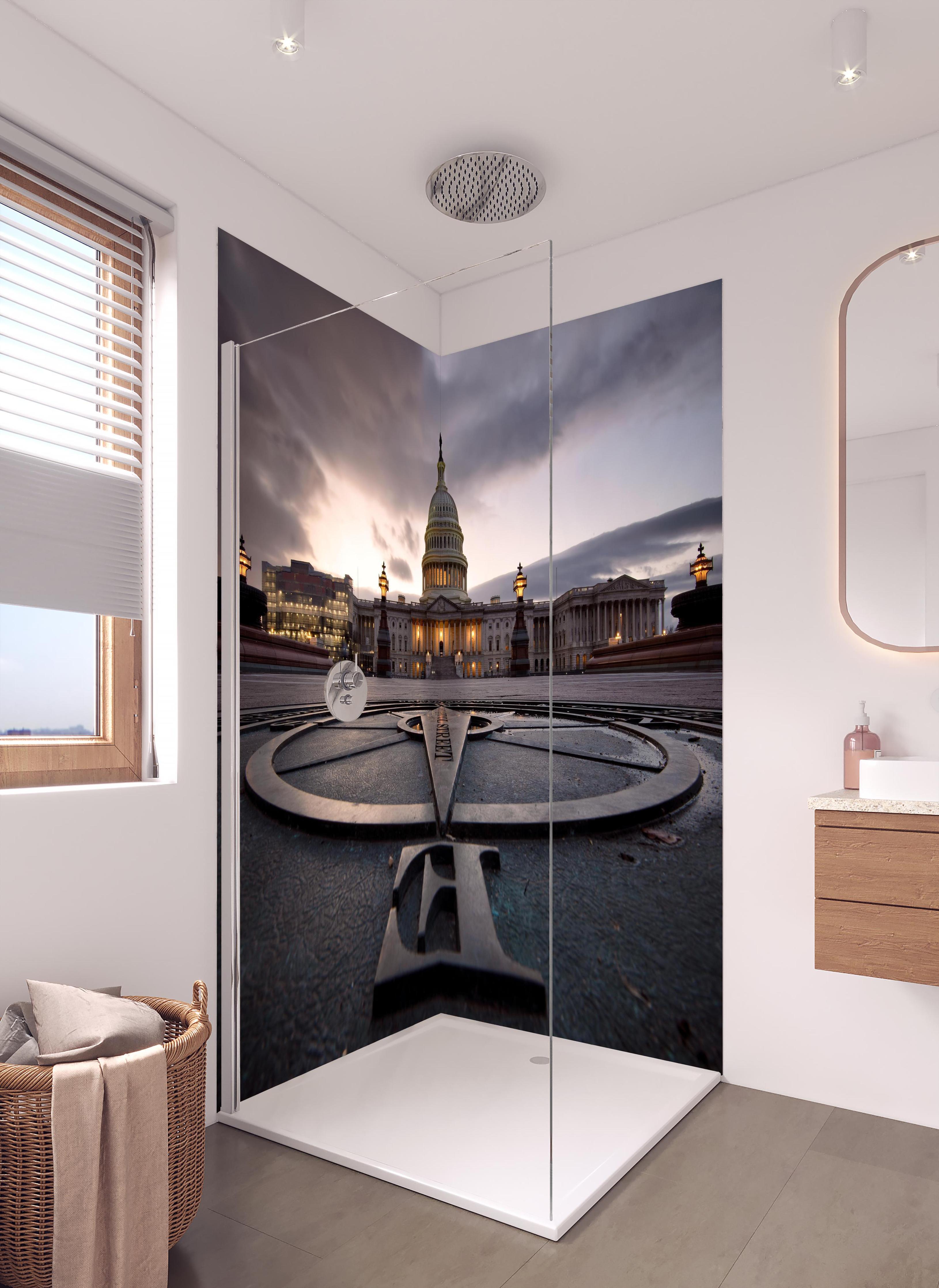 Duschrückwand - Kapitol der Vereinigten Staaten in hellem Badezimmer mit Regenduschkopf - zweiteilige Eck-Duschrückwand