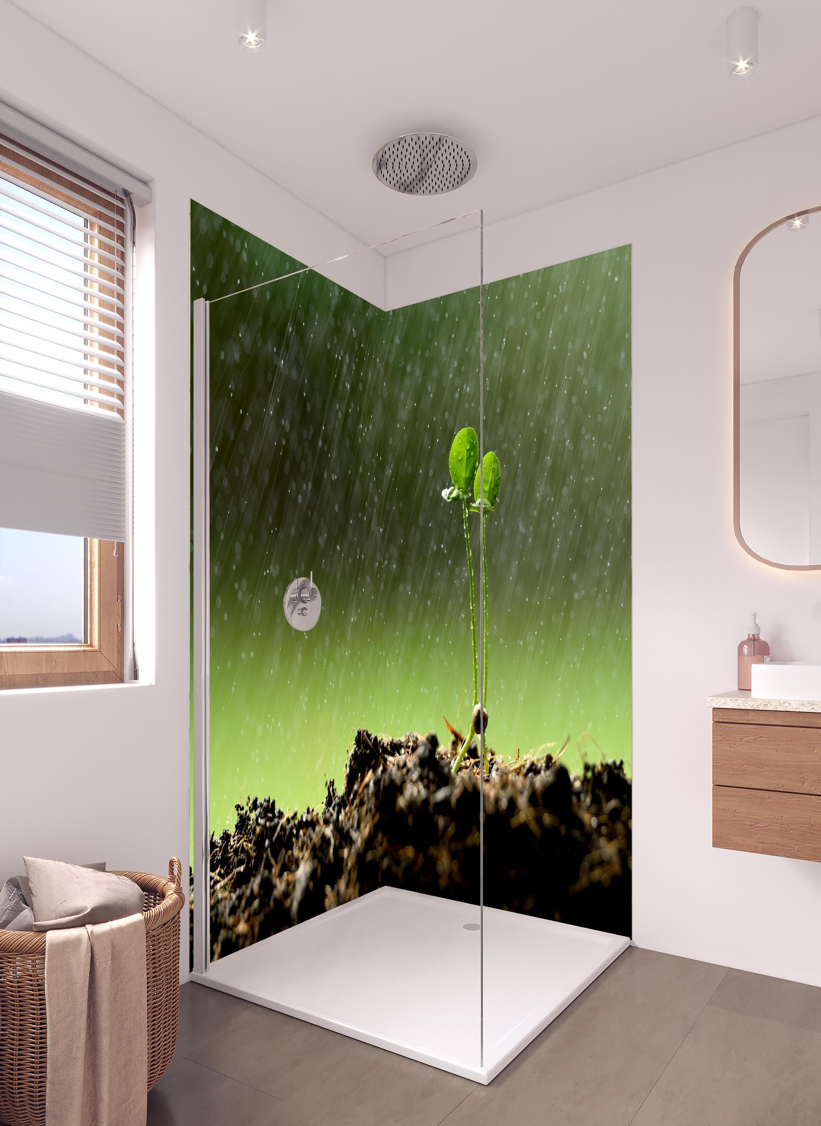 Duschrückwand - Keimende Pflanze bei Regen in hellem Badezimmer mit Regenduschkopf - zweiteilige Eck-Duschrückwand