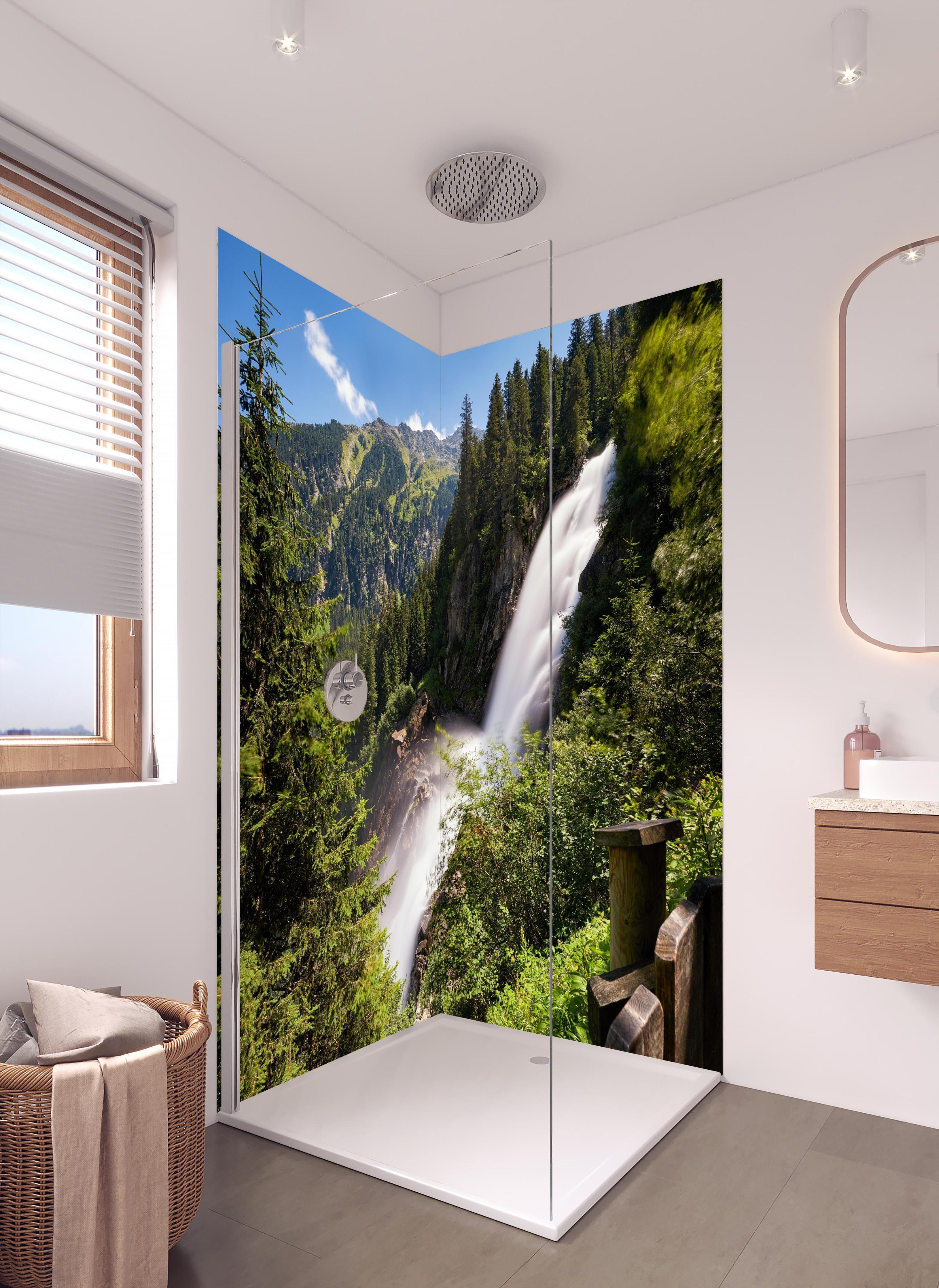 Duschrückwand - Krimmler Wasserfall in hellem Badezimmer mit Regenduschkopf - zweiteilige Eck-Duschrückwand
