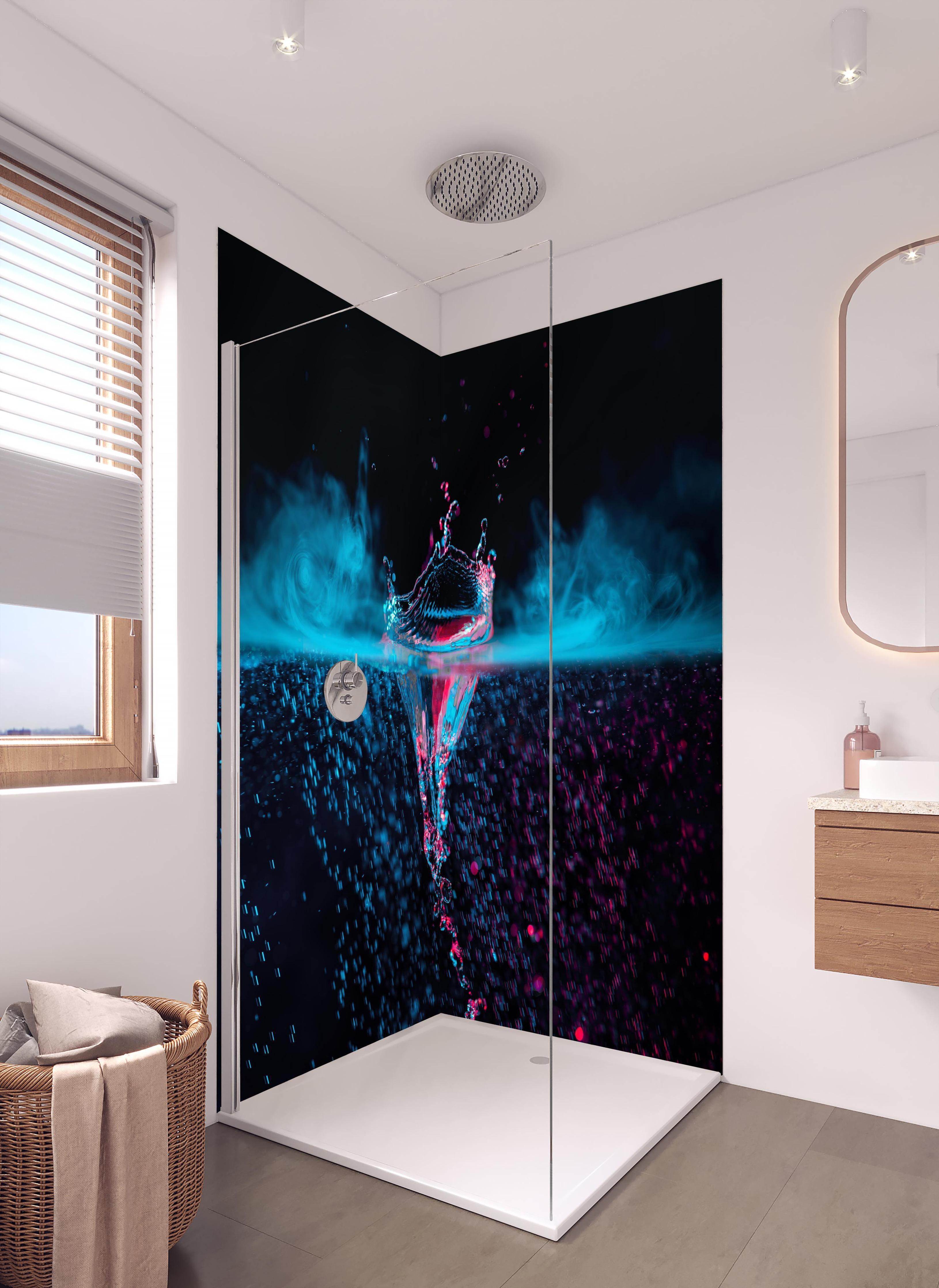 Duschrückwand - Krone Wasserspritzer mit blauem Rauch über Wasser in hellem Badezimmer mit Regenduschkopf - zweiteilige Eck-Duschrückwand