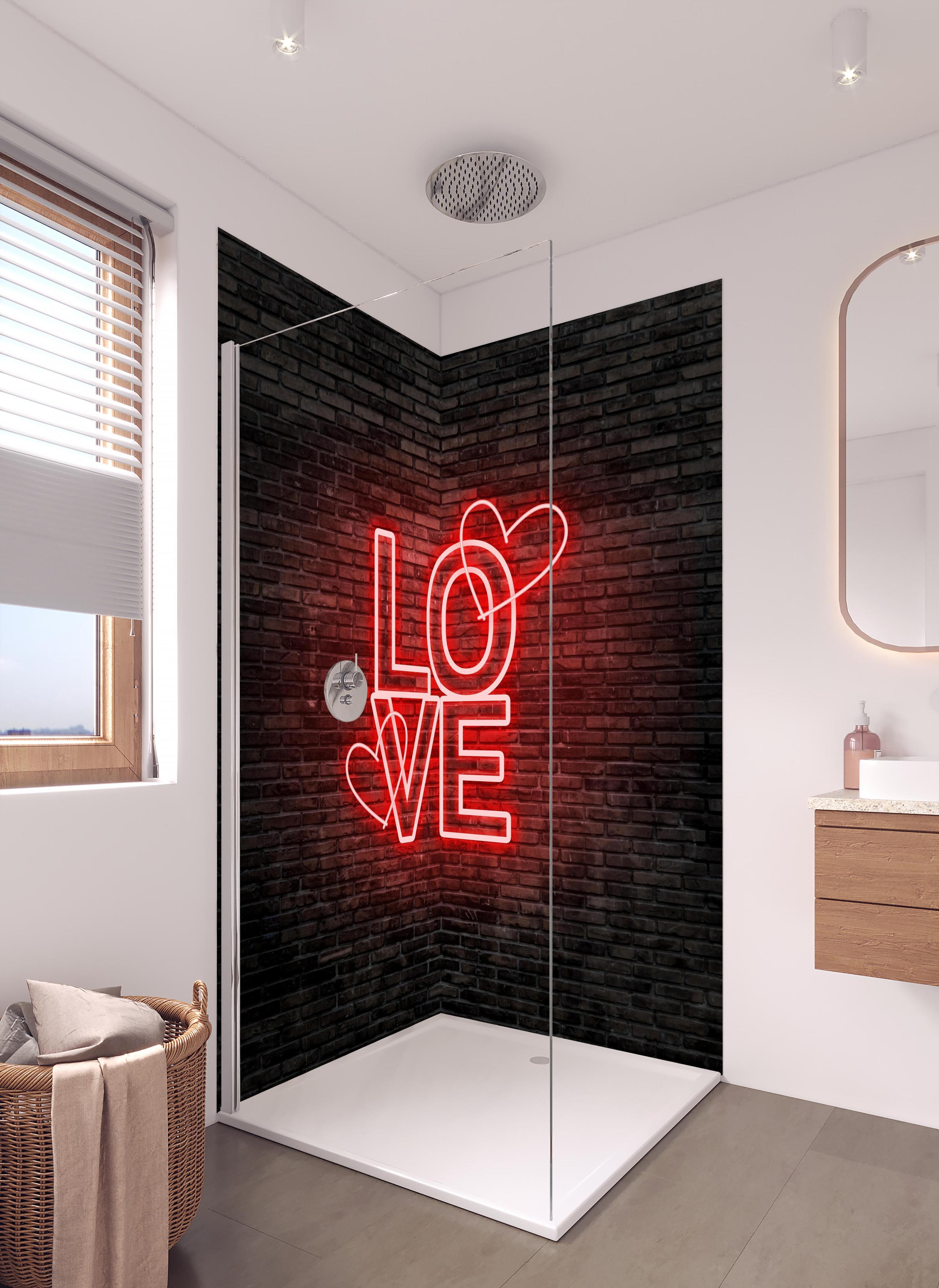 Duschrückwand - LED Love Symbol an Steinmauer in hellem Badezimmer mit Regenduschkopf - zweiteilige Eck-Duschrückwand