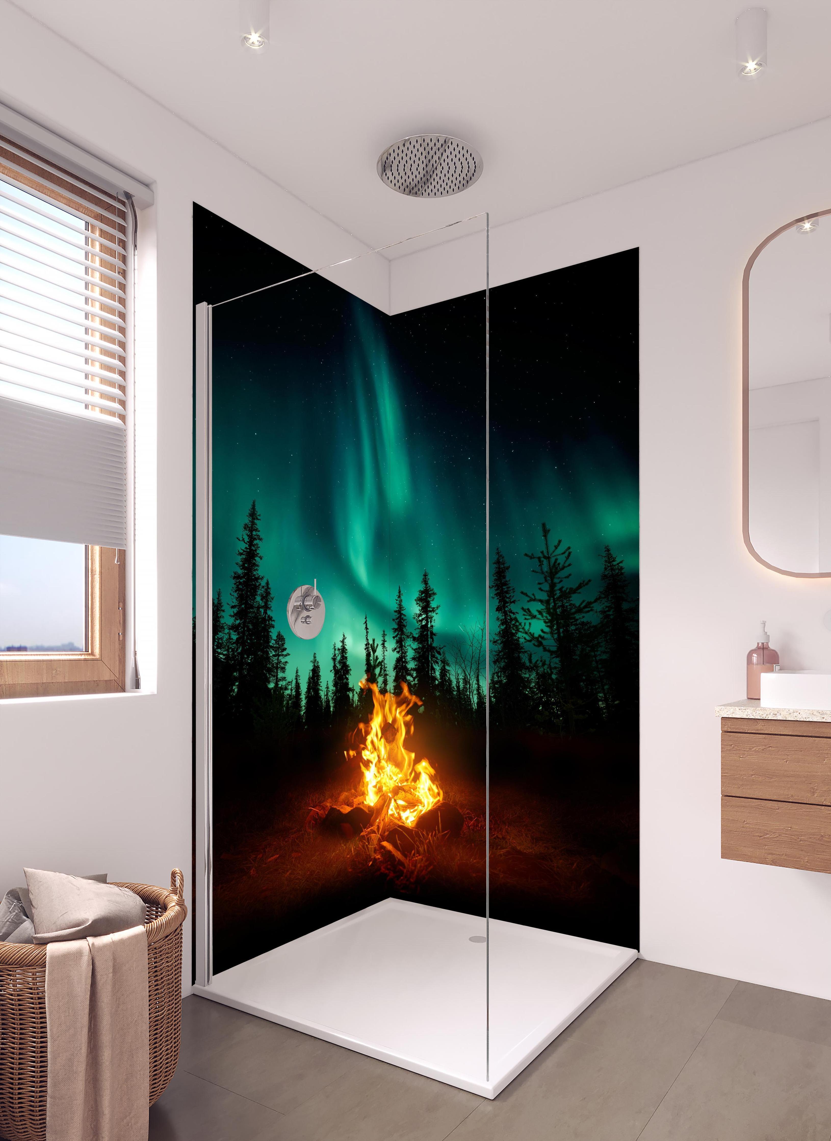 Duschrückwand - Lagerfeuer mit Nordlichtern in den Wäldern Schwedens in hellem Badezimmer mit Regenduschkopf - zweiteilige Eck-Duschrückwand
