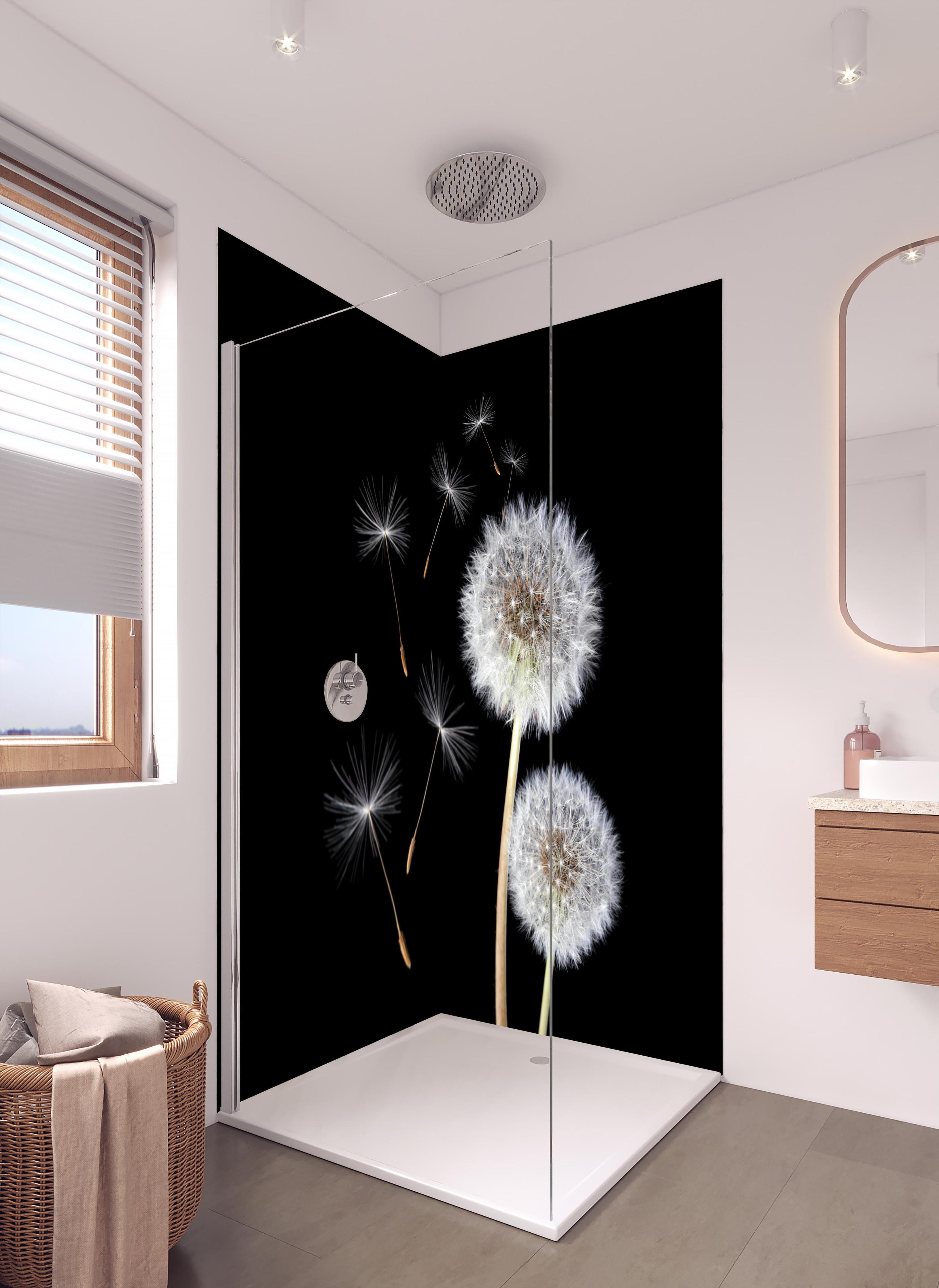 Duschrückwand - Löwenzahn auf schwarzem Hintergrund in hellem Badezimmer mit Regenduschkopf - zweiteilige Eck-Duschrückwand
