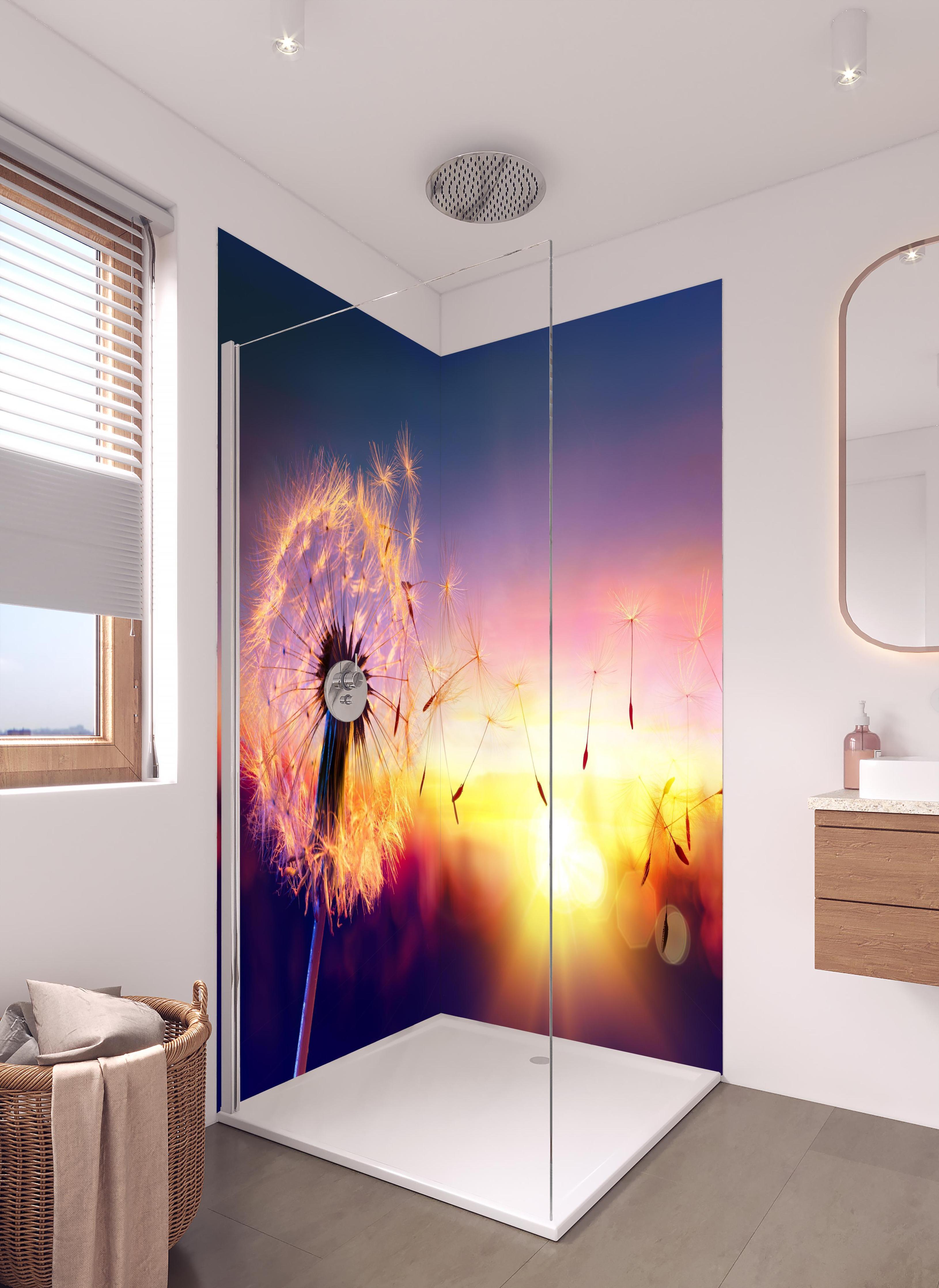 Duschrückwand - Löwenzahn im Wind bei Sonnenuntergang in hellem Badezimmer mit Regenduschkopf - zweiteilige Eck-Duschrückwand