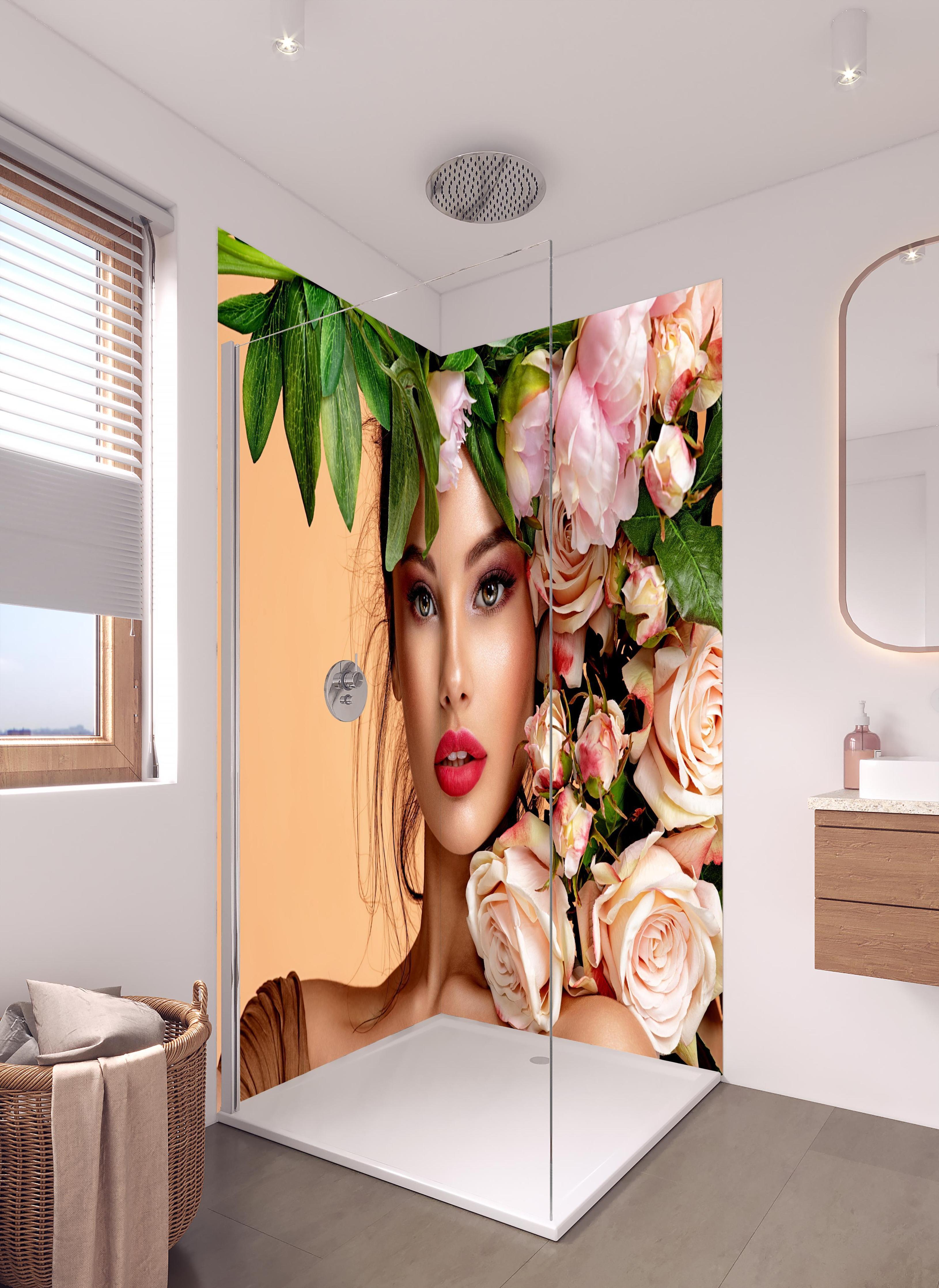 Duschrückwand - Mädchen mit Rosen auf dem Kopf in hellem Badezimmer mit Regenduschkopf - zweiteilige Eck-Duschrückwand