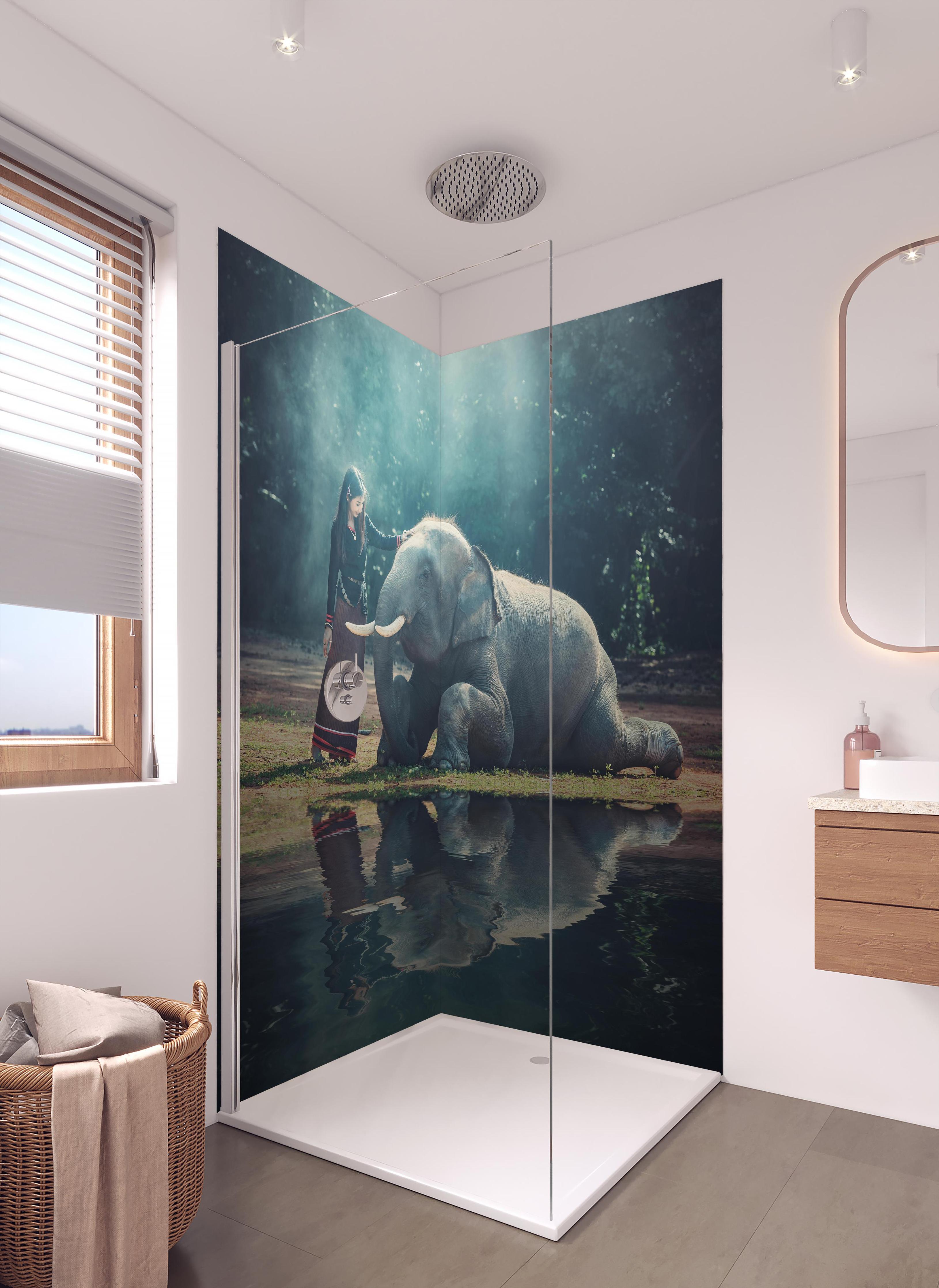 Duschrückwand - Mädchen mit lächelndem Elefanten in Asien in hellem Badezimmer mit Regenduschkopf - zweiteilige Eck-Duschrückwand