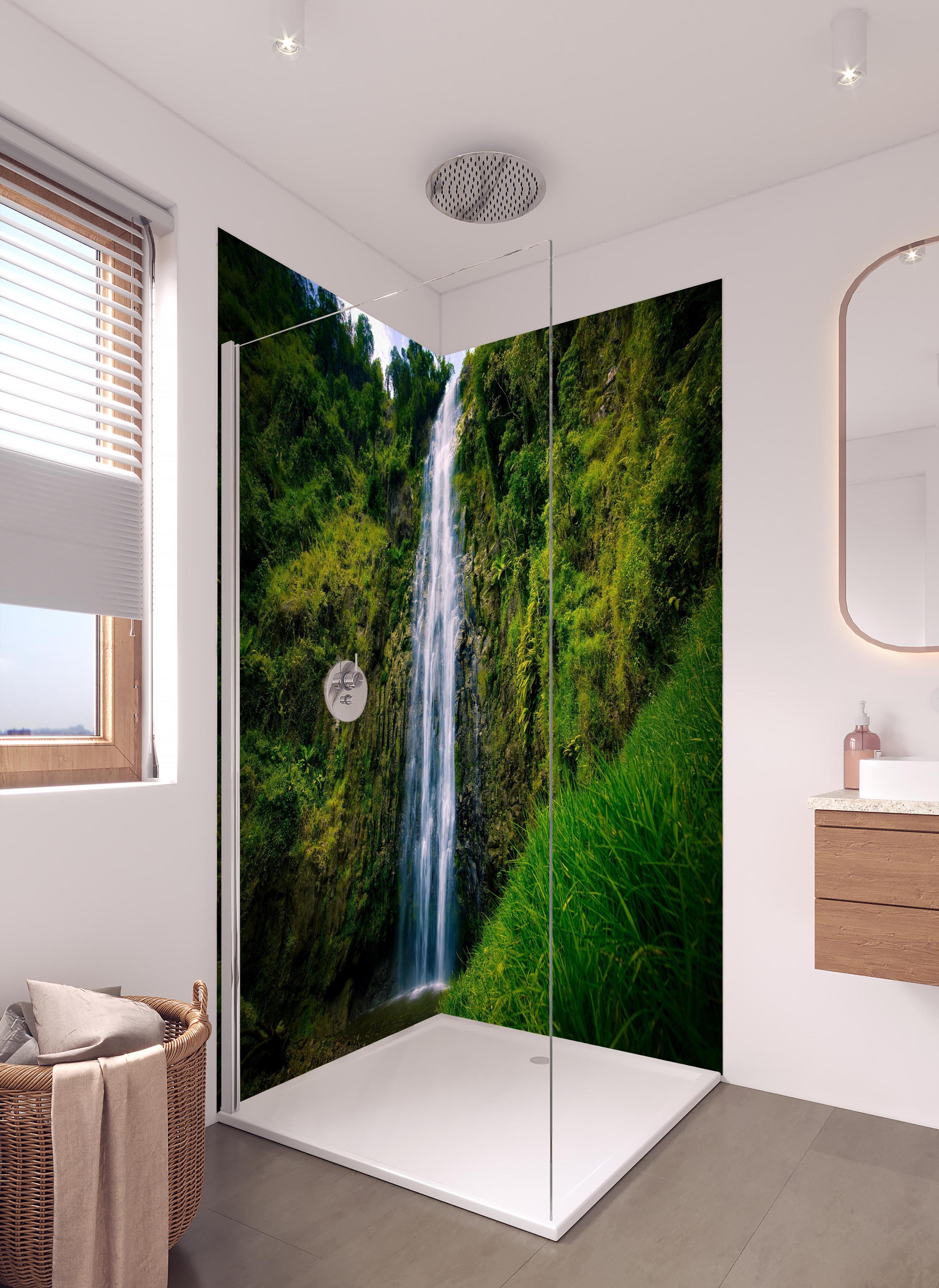 Duschrückwand - Materuni Waterfall in hellem Badezimmer mit Regenduschkopf - zweiteilige Eck-Duschrückwand