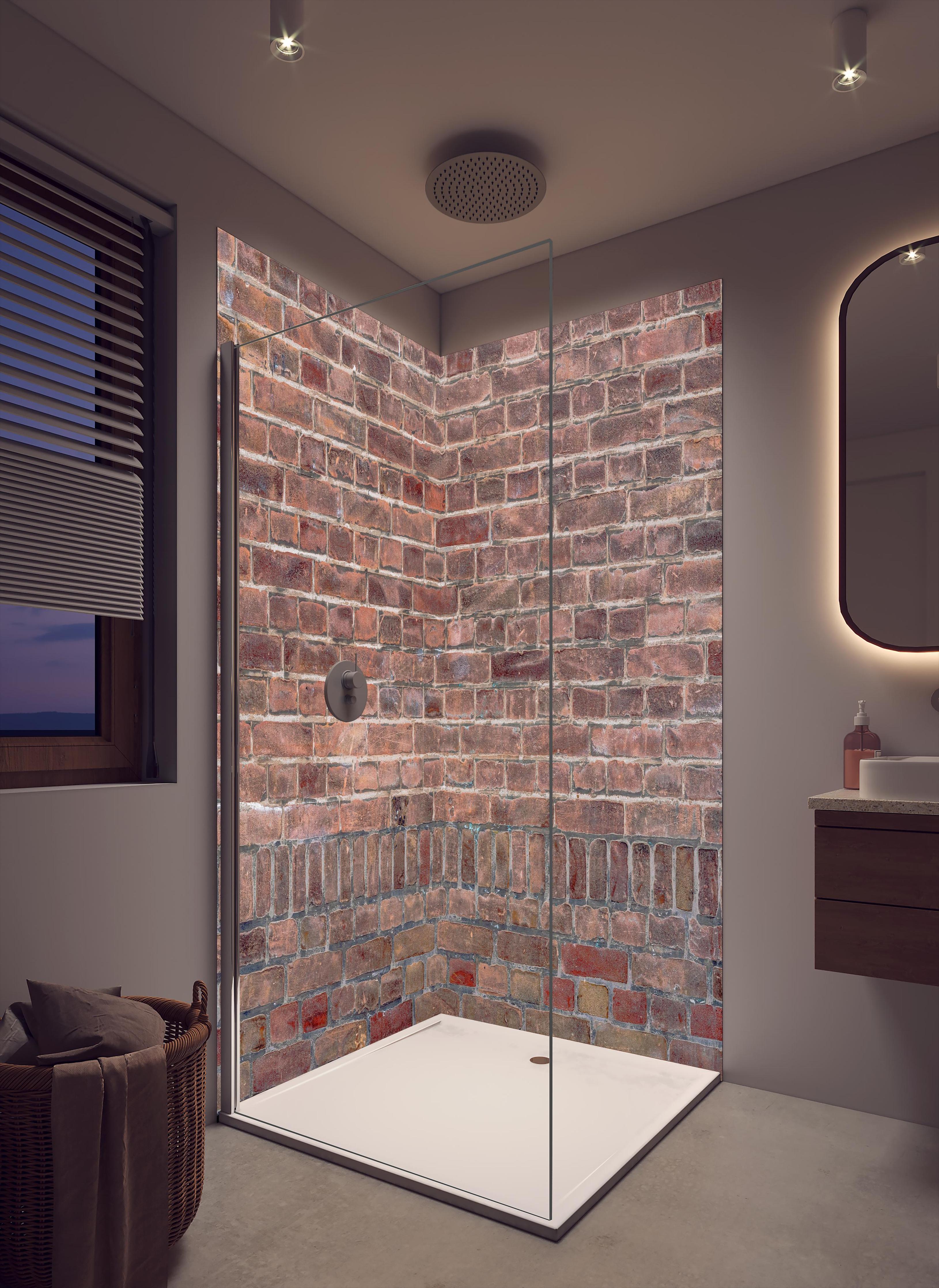 Duschrückwand - Mauerstruktur aus alten braunen Ziegeln in cremefarbenem Badezimmer mit Regenduschkopf