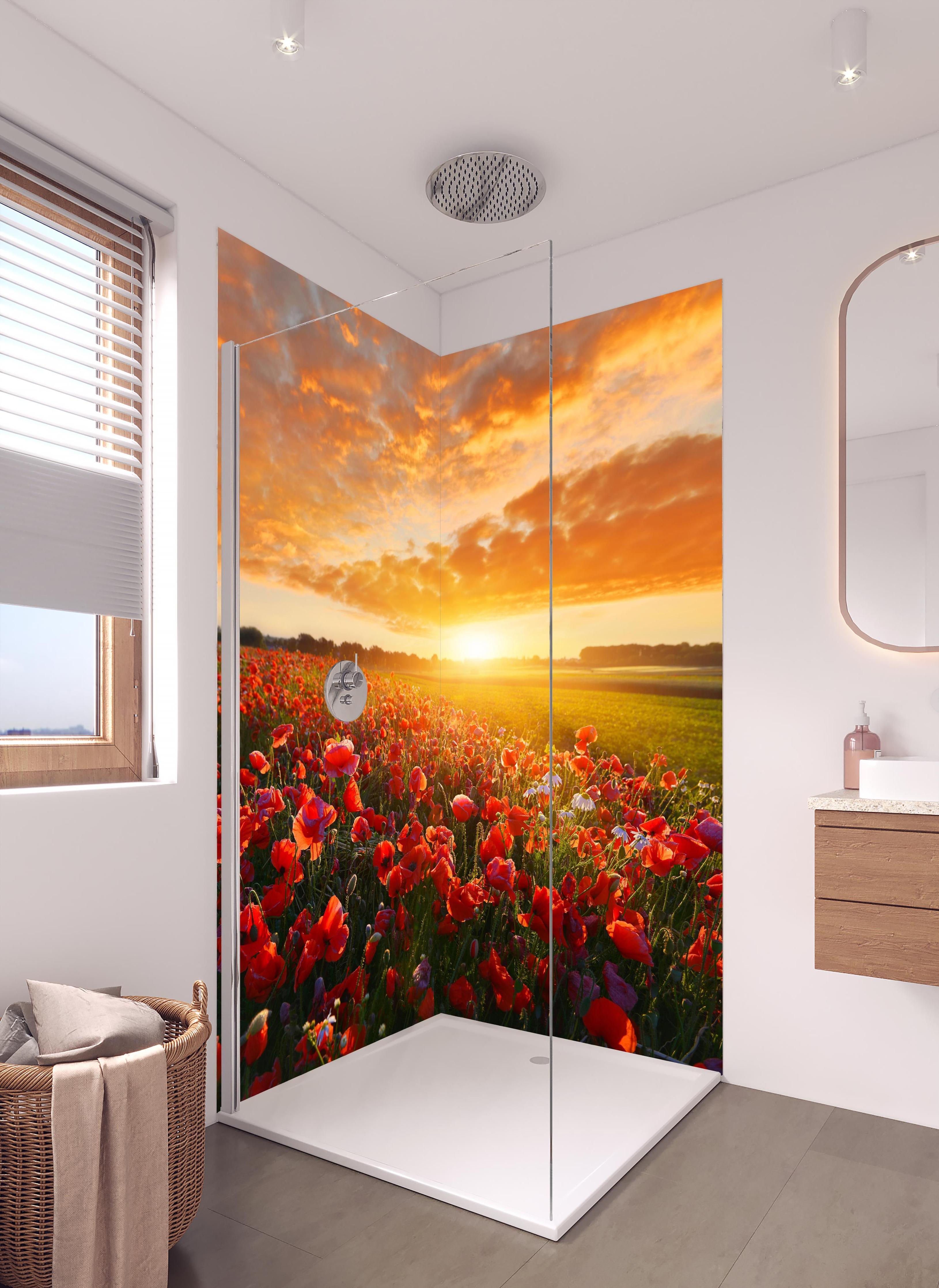 Duschrückwand - Mohnblüten bei Sonnenaufgang in Kassel in hellem Badezimmer mit Regenduschkopf - zweiteilige Eck-Duschrückwand