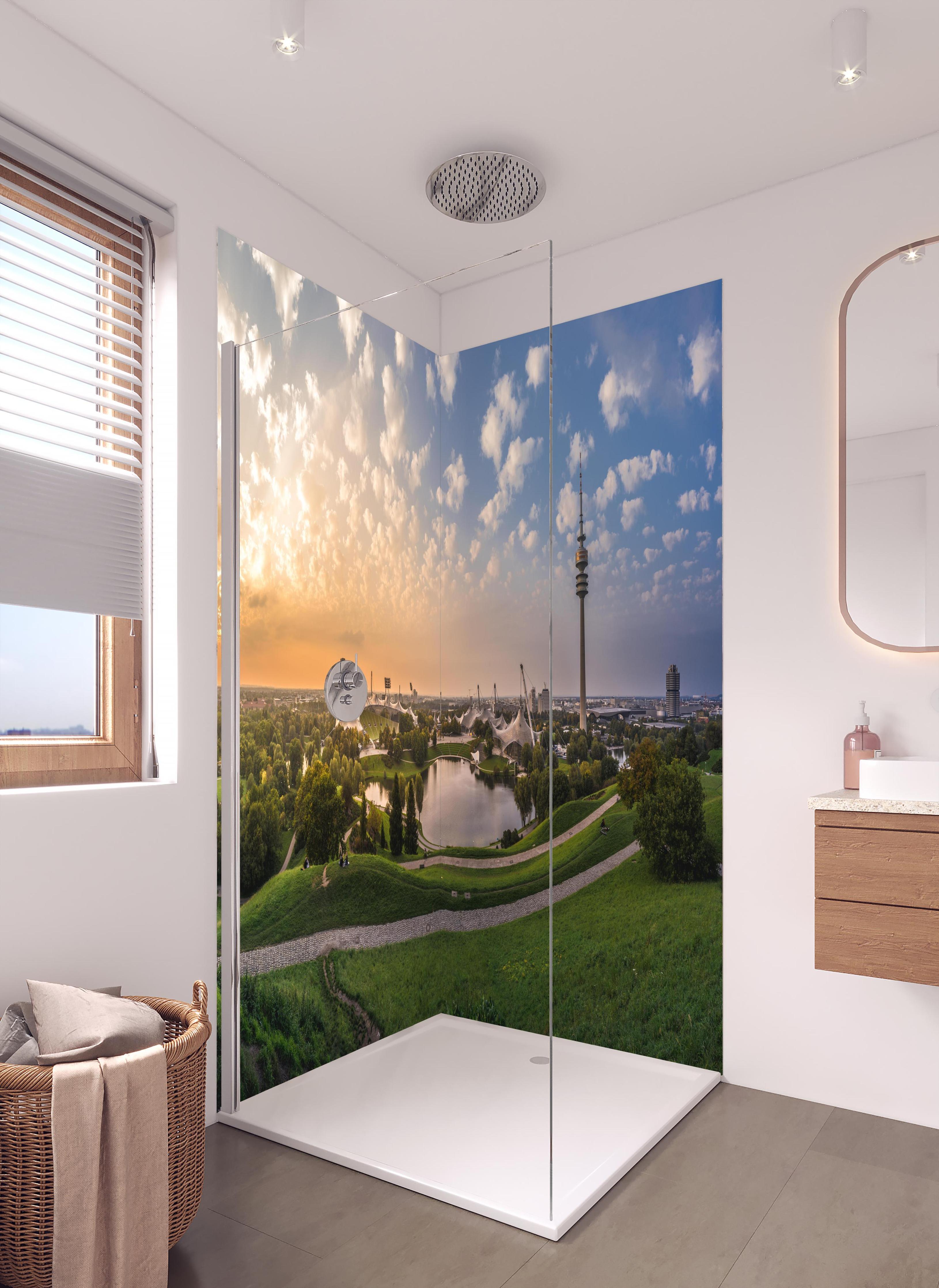 Duschrückwand - München Olympiaberg mit Sonnenuntergang in hellem Badezimmer mit Regenduschkopf - zweiteilige Eck-Duschrückwand