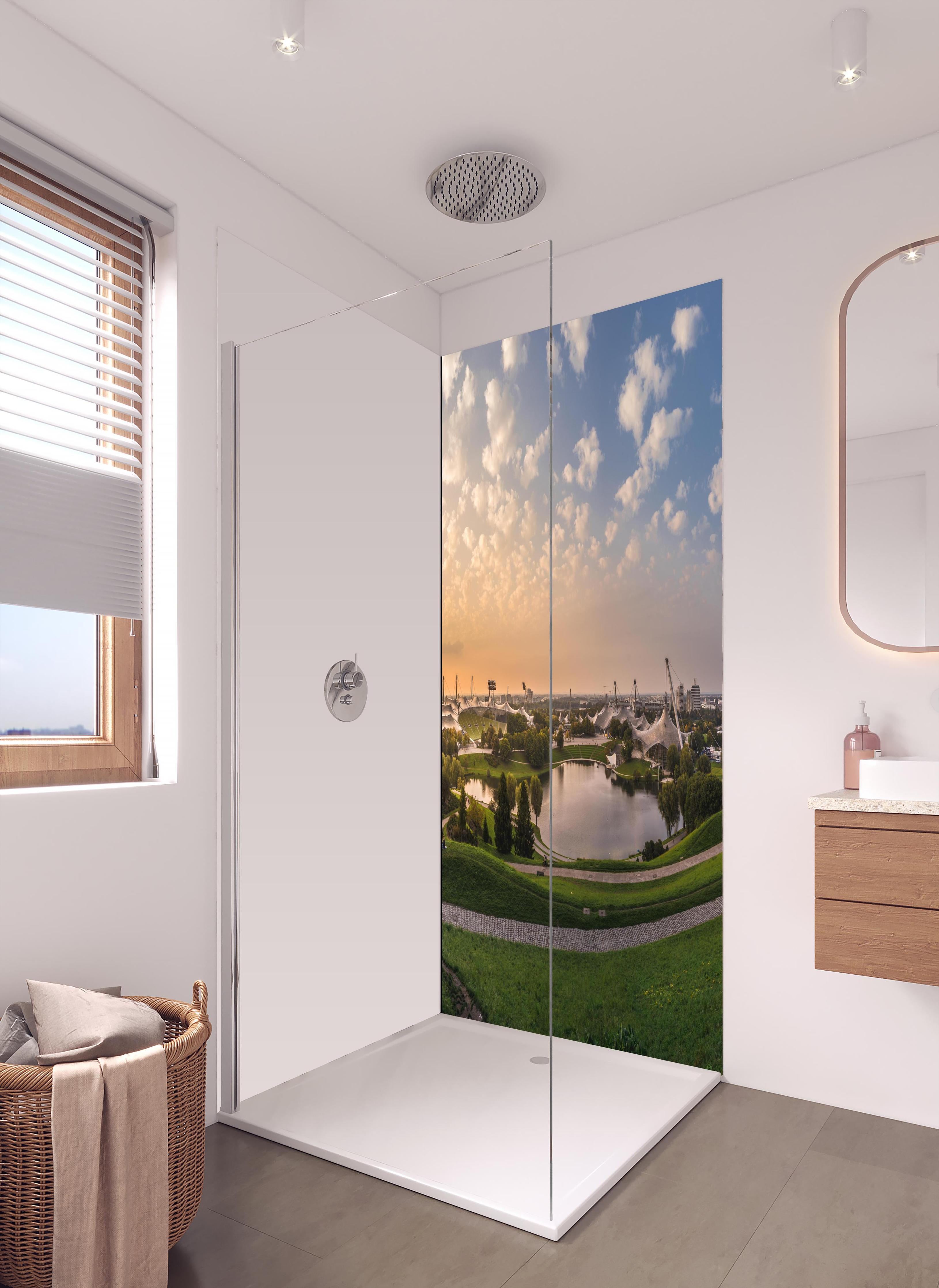 Duschrückwand - München Olympiaberg mit Sonnenuntergang in hellem Badezimmer mit Regenduschkopf - einteilige Duschrückwand