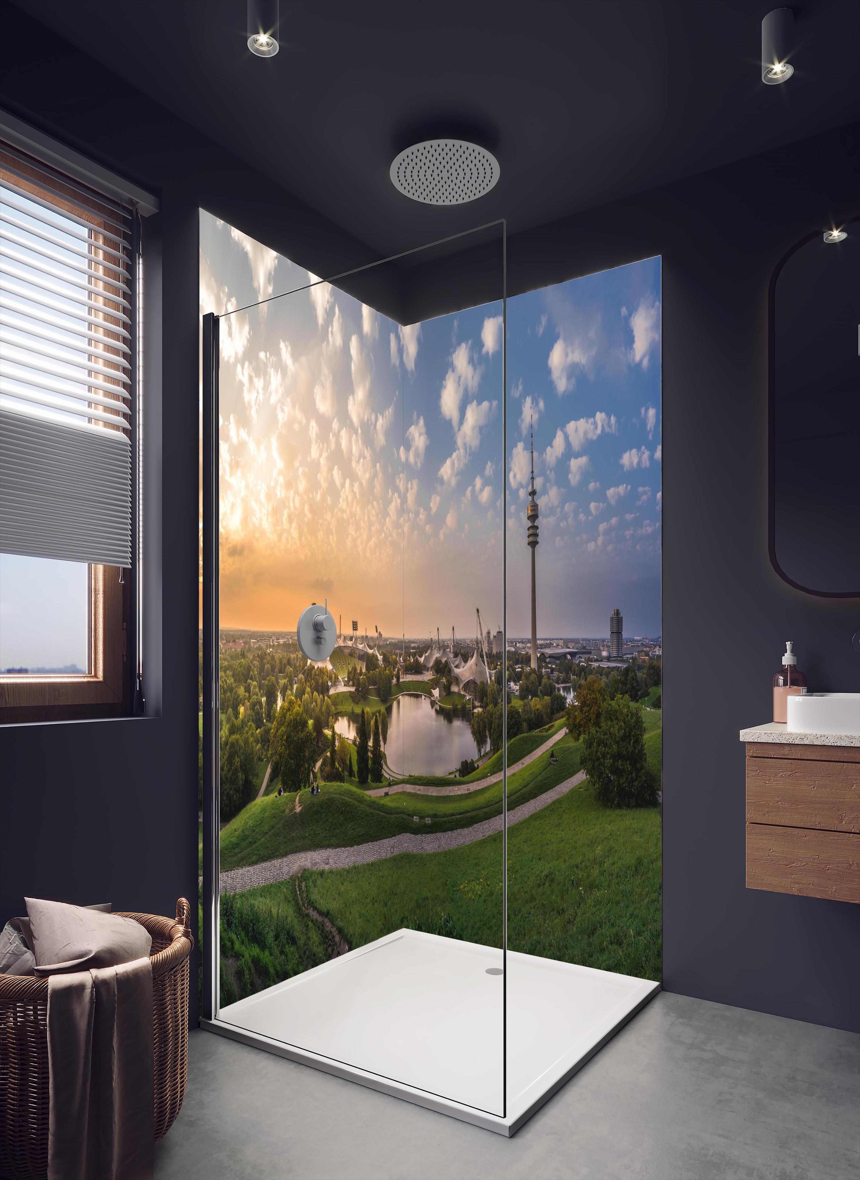 Duschrückwand - München Olympiaberg mit Sonnenuntergang in dunklem Badezimmer mit Regenduschkopf