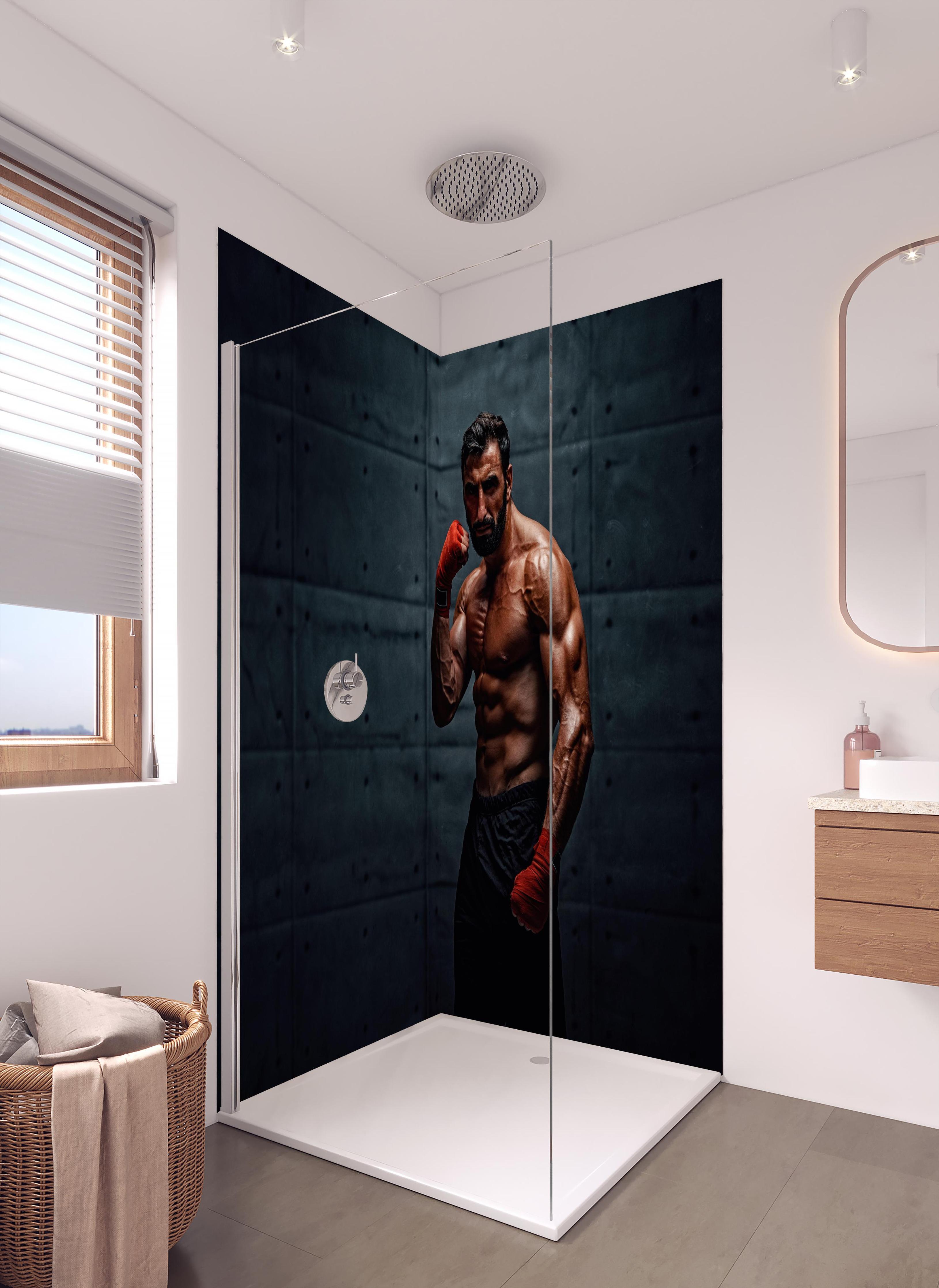 Duschrückwand - Muskolöser MMA Kämpfer in hellem Badezimmer mit Regenduschkopf - zweiteilige Eck-Duschrückwand