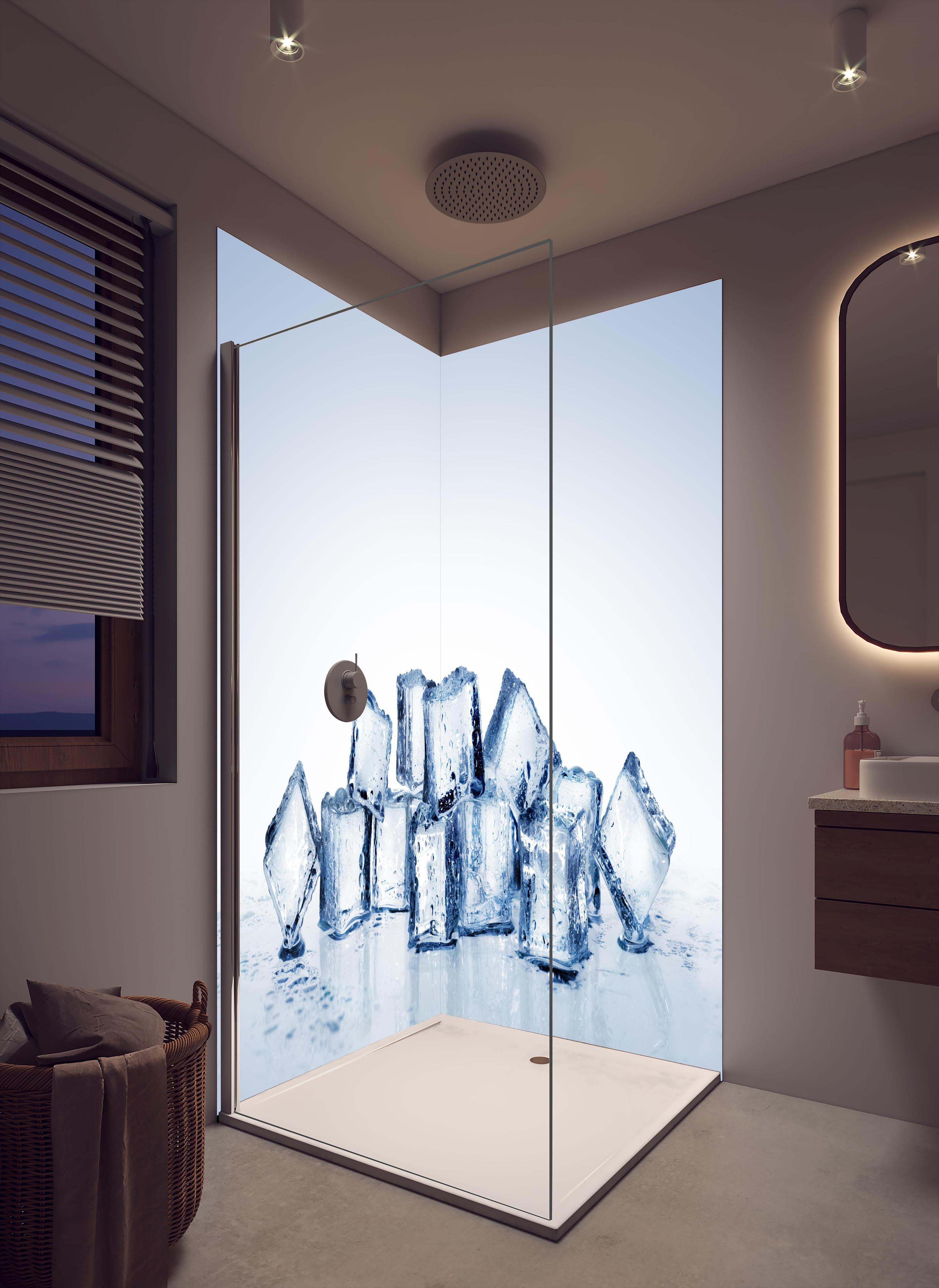 Duschrückwand - Nahaufnahme von quadratische Eiswürfel in cremefarbenem Badezimmer mit Regenduschkopf