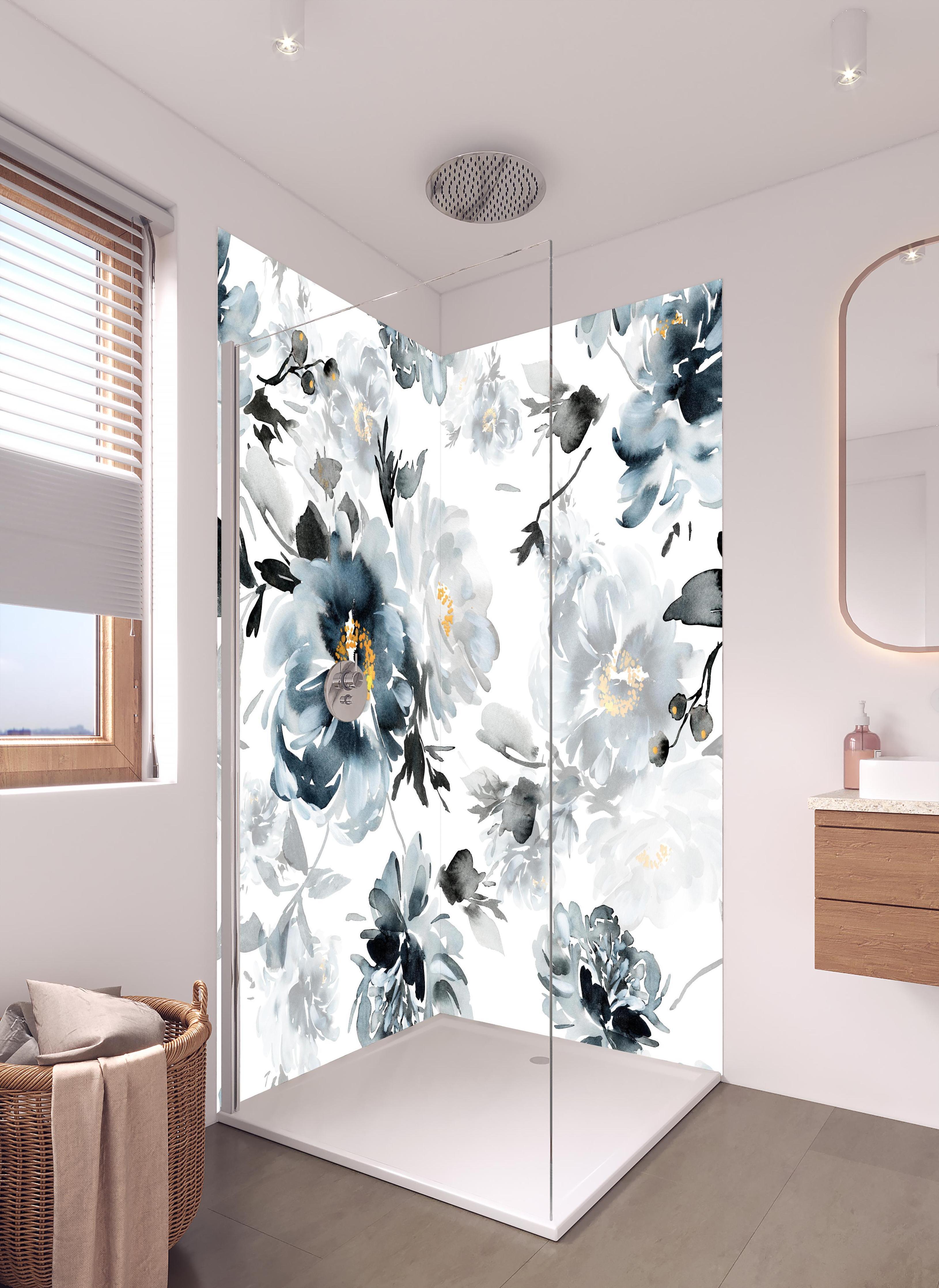 Duschrückwand - Nahtlose Sommer Muster mit Aquarell Blumen in hellem Badezimmer mit Regenduschkopf - zweiteilige Eck-Duschrückwand