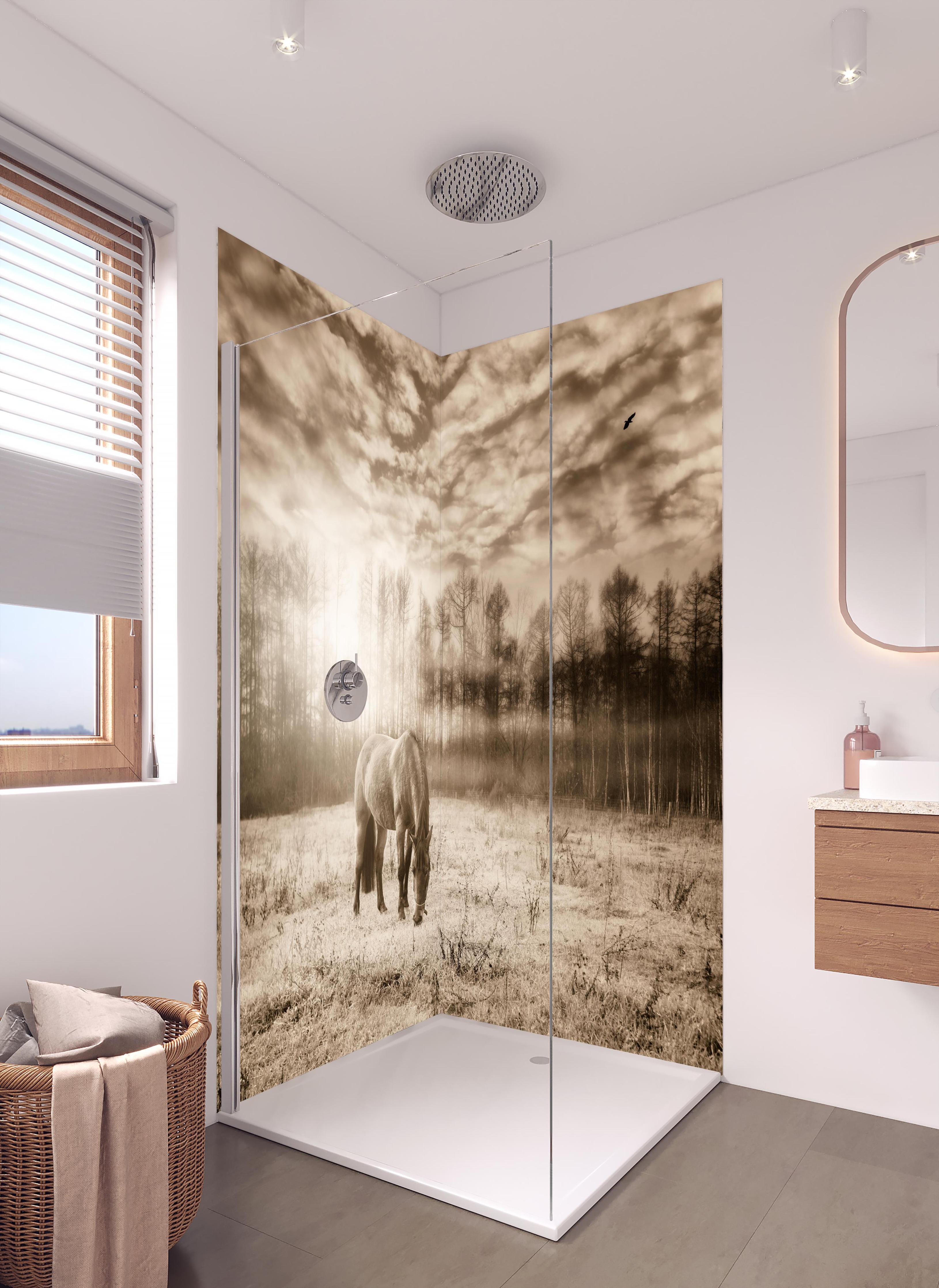 Duschrückwand - Nebelige Weide mit Pferd im Herbst in hellem Badezimmer mit Regenduschkopf - zweiteilige Eck-Duschrückwand