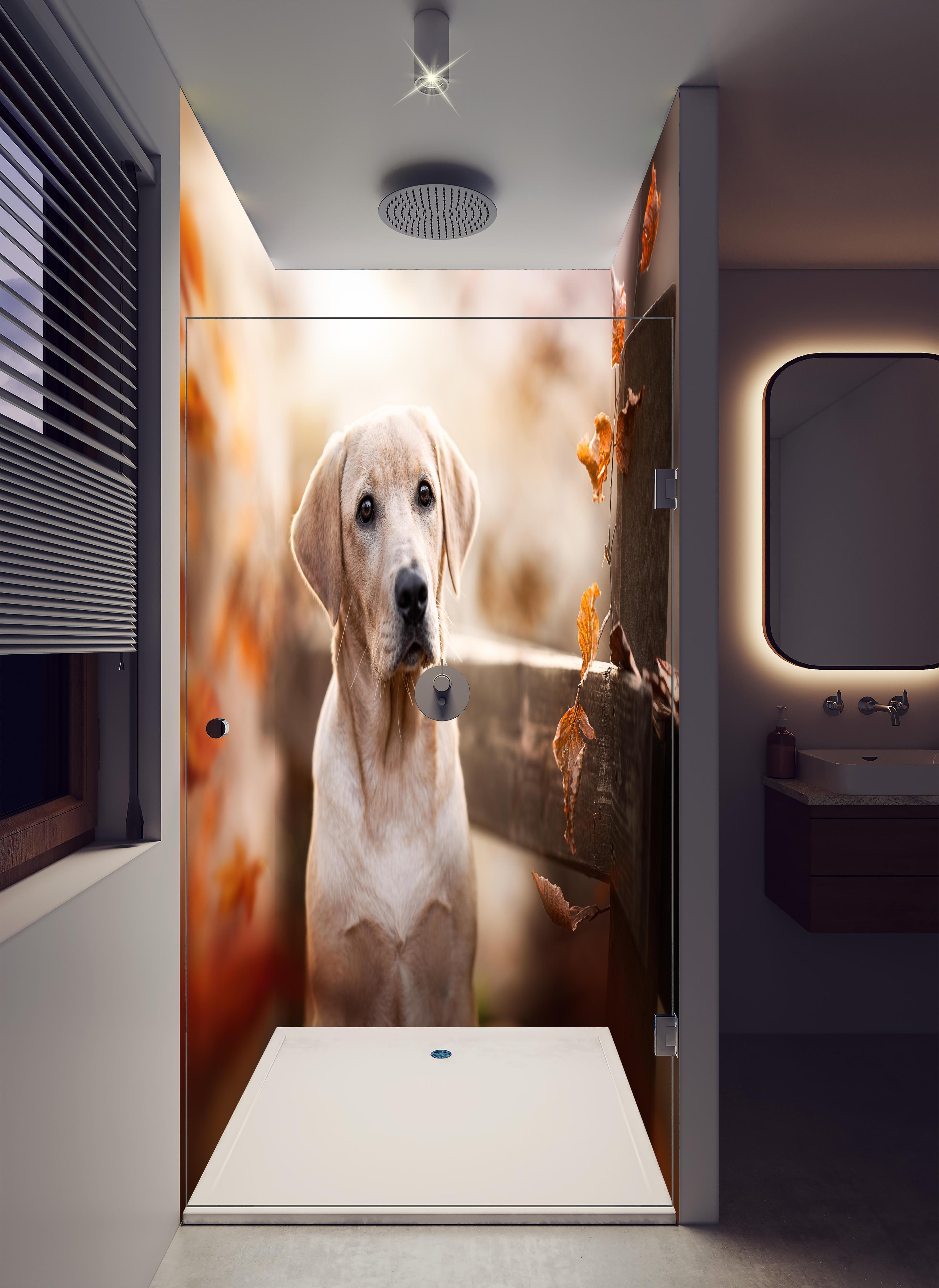Duschrückwand - Niedlicher Labrador Welpe in luxuriöser Dusche mit Regenduschkopf