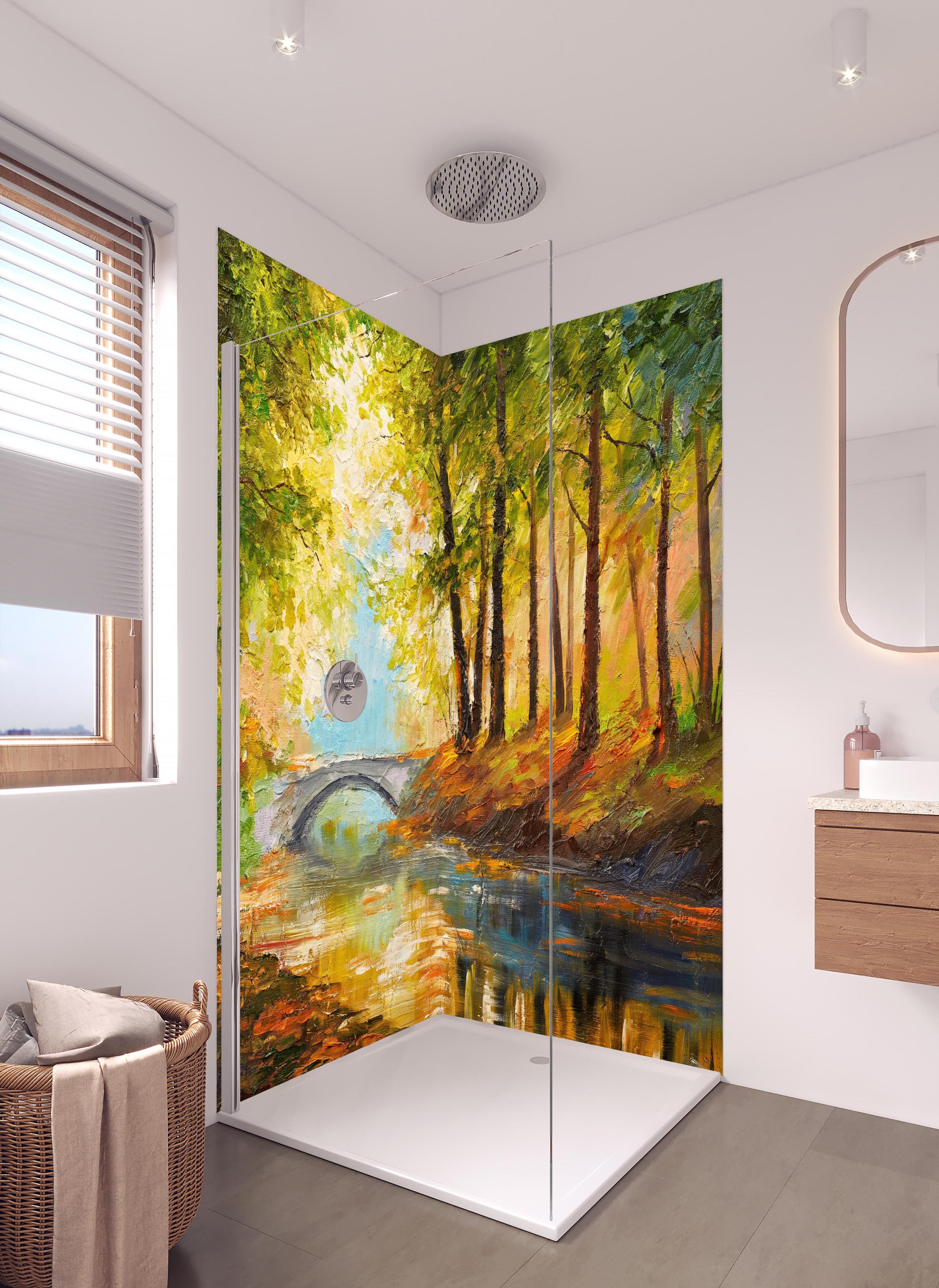 Duschrückwand - Ölgemälde Herbst Wald mit Fluss in hellem Badezimmer mit Regenduschkopf - zweiteilige Eck-Duschrückwand