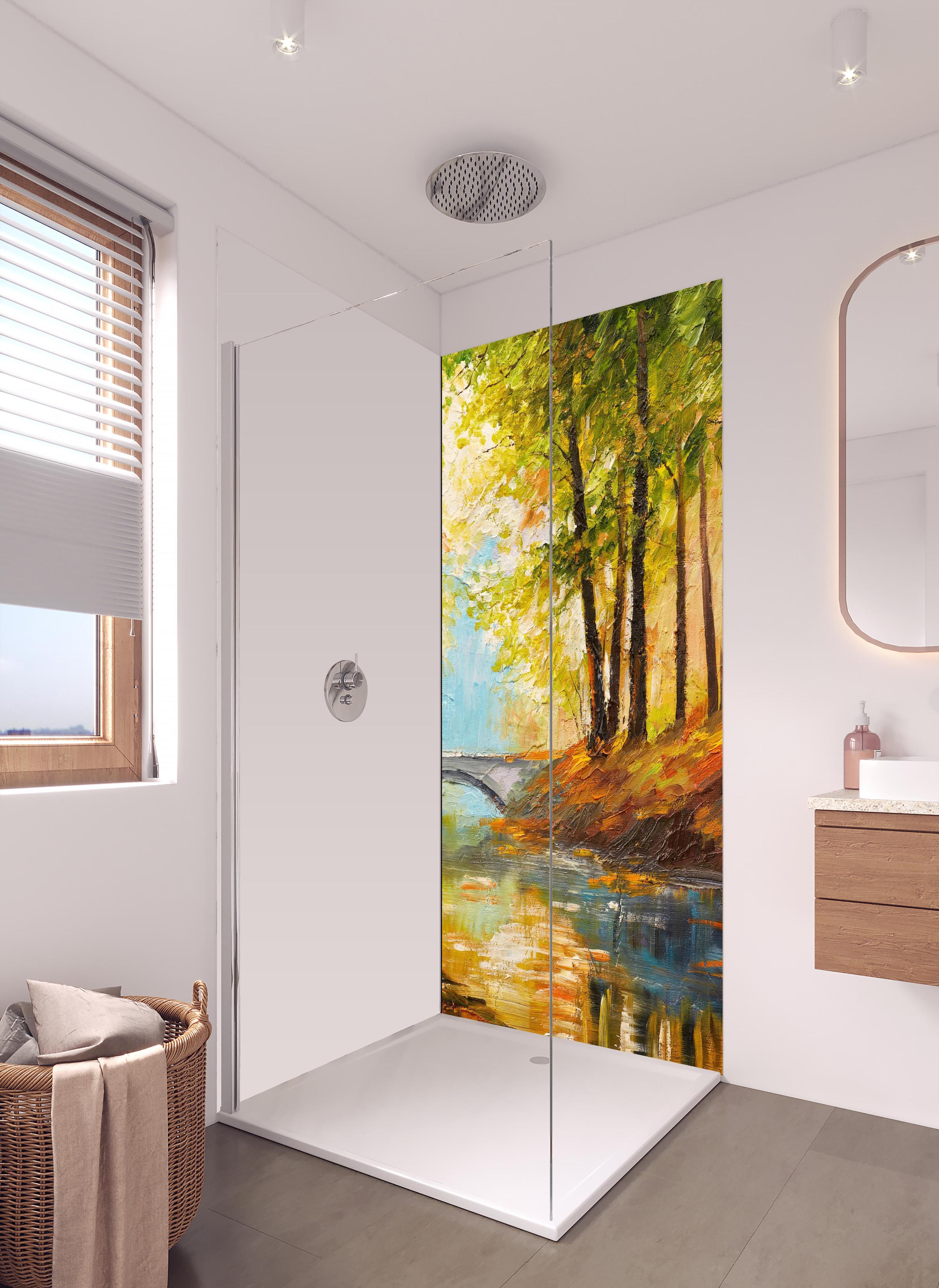 Duschrückwand - Ölgemälde Herbst Wald mit Fluss in hellem Badezimmer mit Regenduschkopf - einteilige Duschrückwand
