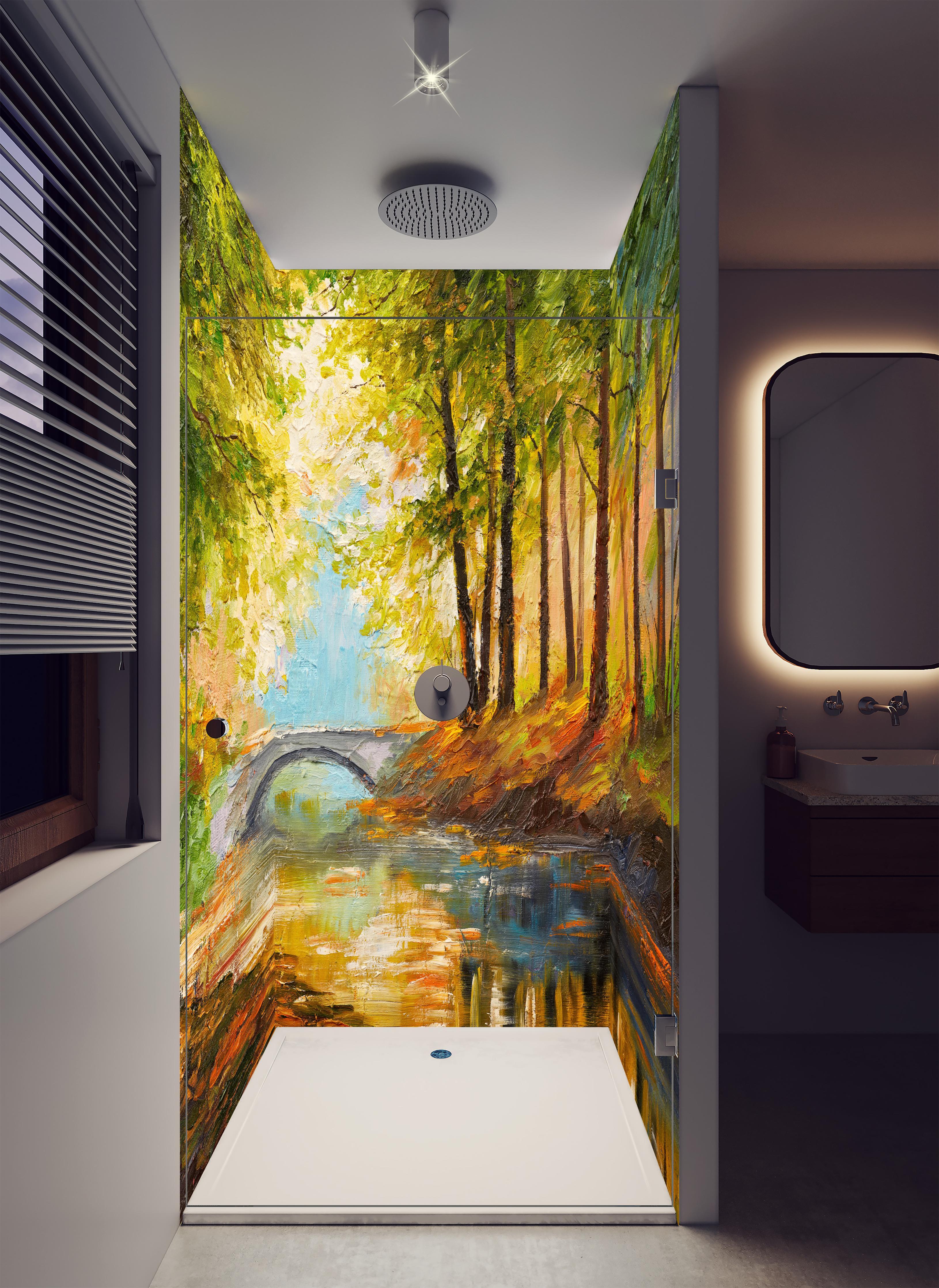 Duschrückwand - Ölgemälde Herbst Wald mit Fluss in luxuriöser Dusche mit Regenduschkopf