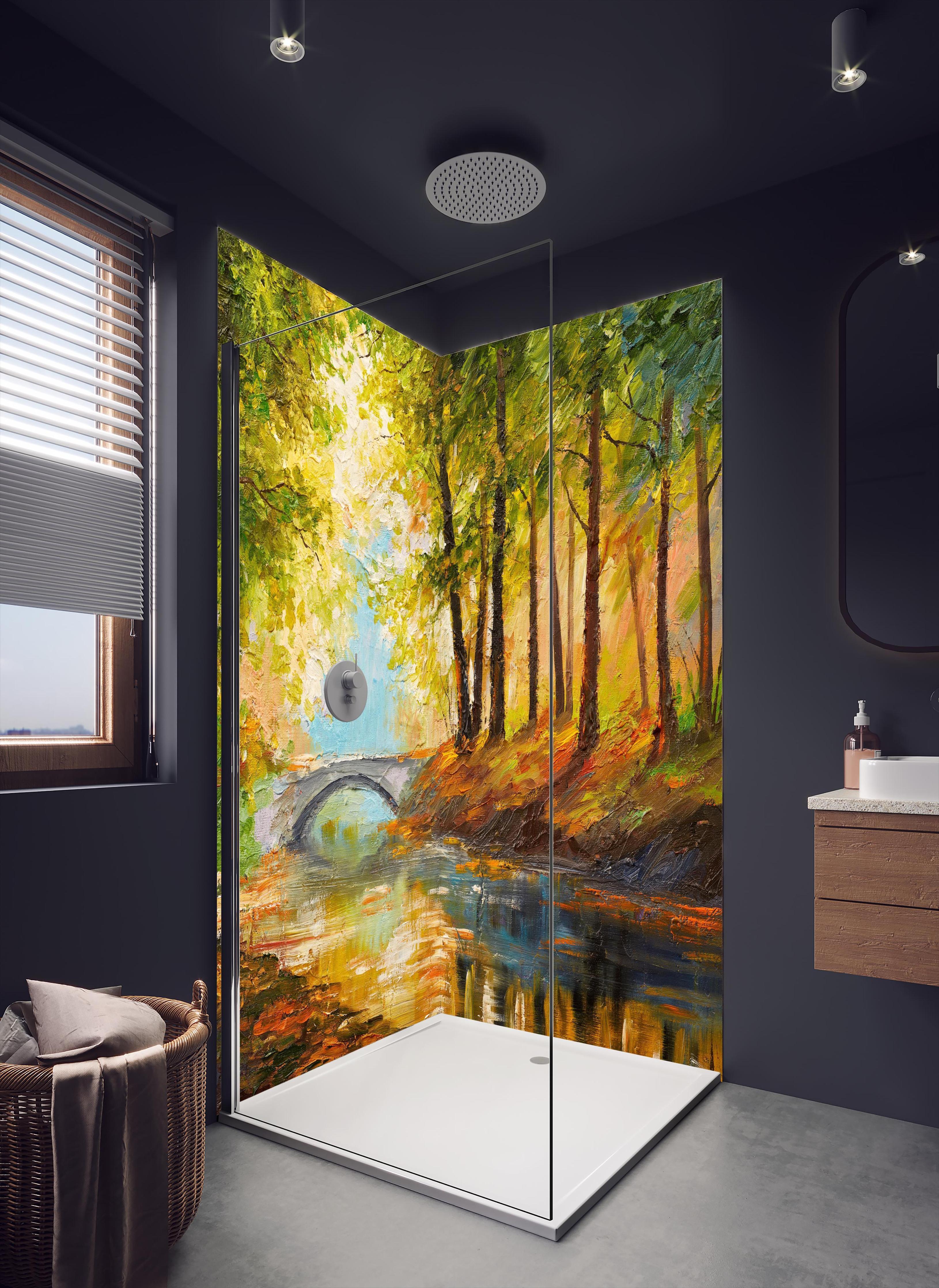 Duschrückwand - Ölgemälde Herbst Wald mit Fluss in dunklem Badezimmer mit Regenduschkopf
