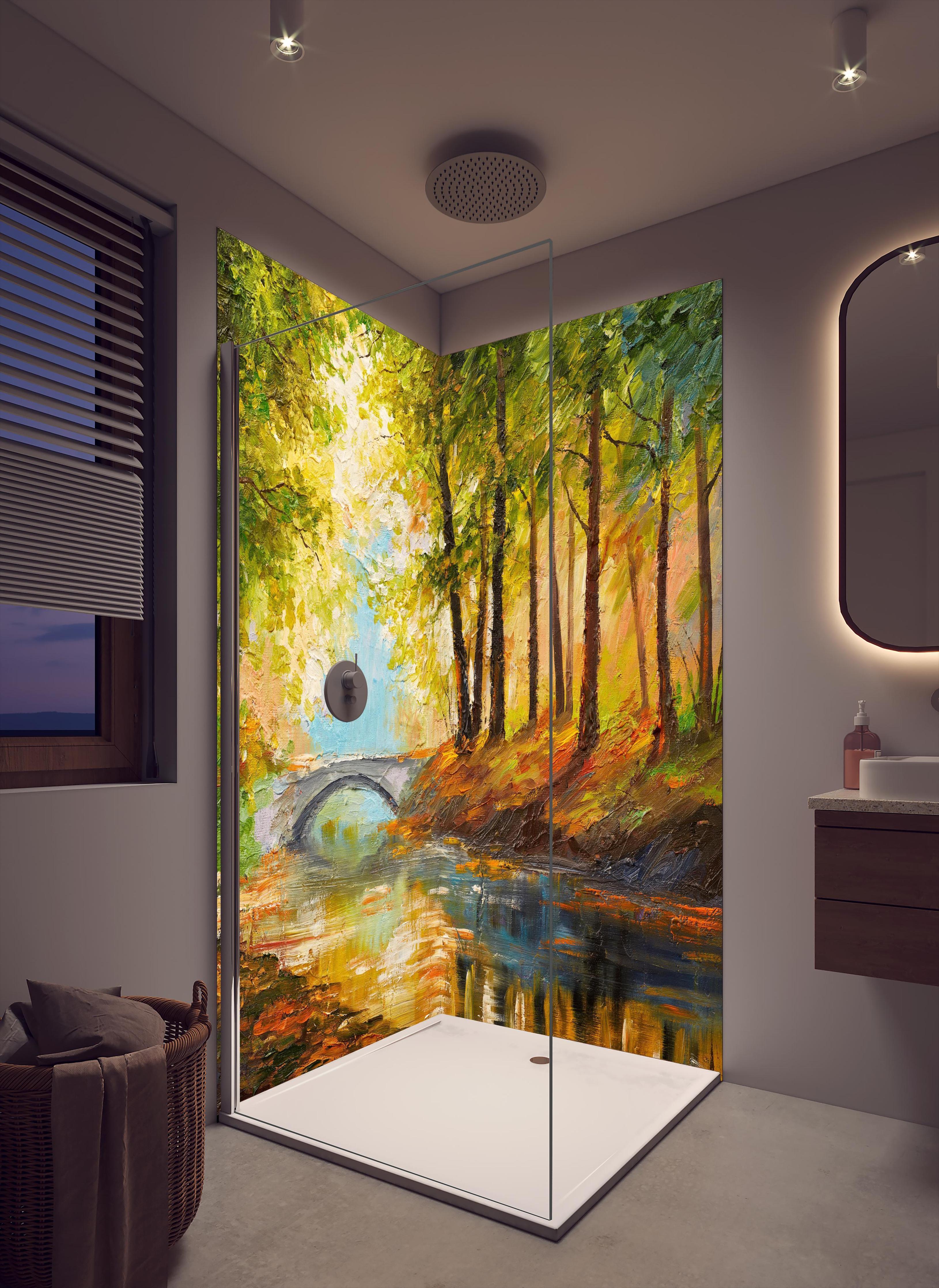 Duschrückwand - Ölgemälde Herbst Wald mit Fluss in cremefarbenem Badezimmer mit Regenduschkopf