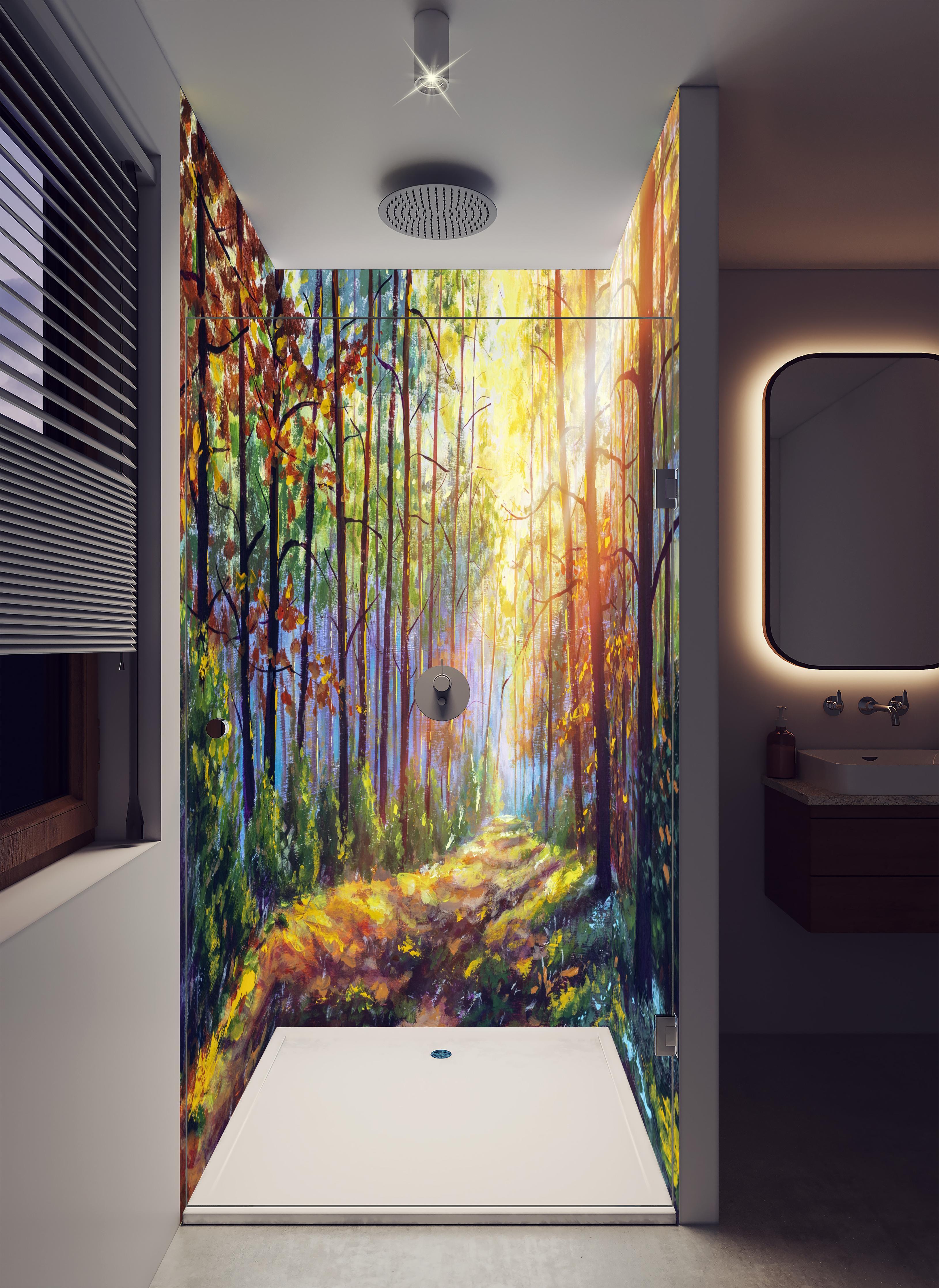 Duschrückwand - Ölgemälde lichterfüllter Wald im Herbst in luxuriöser Dusche mit Regenduschkopf