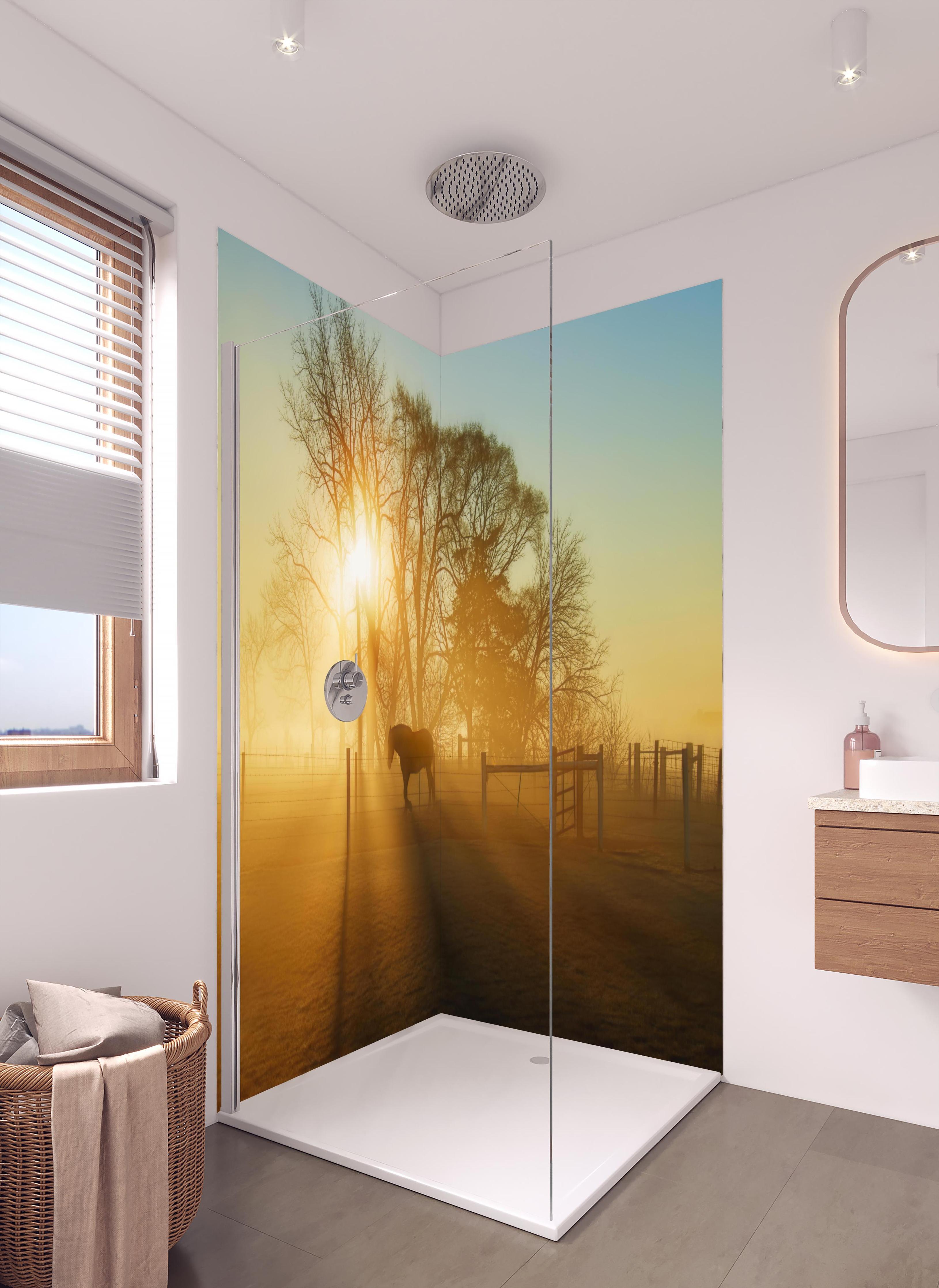 Duschrückwand - Pferd in der Morgendämmerung in hellem Badezimmer mit Regenduschkopf - zweiteilige Eck-Duschrückwand