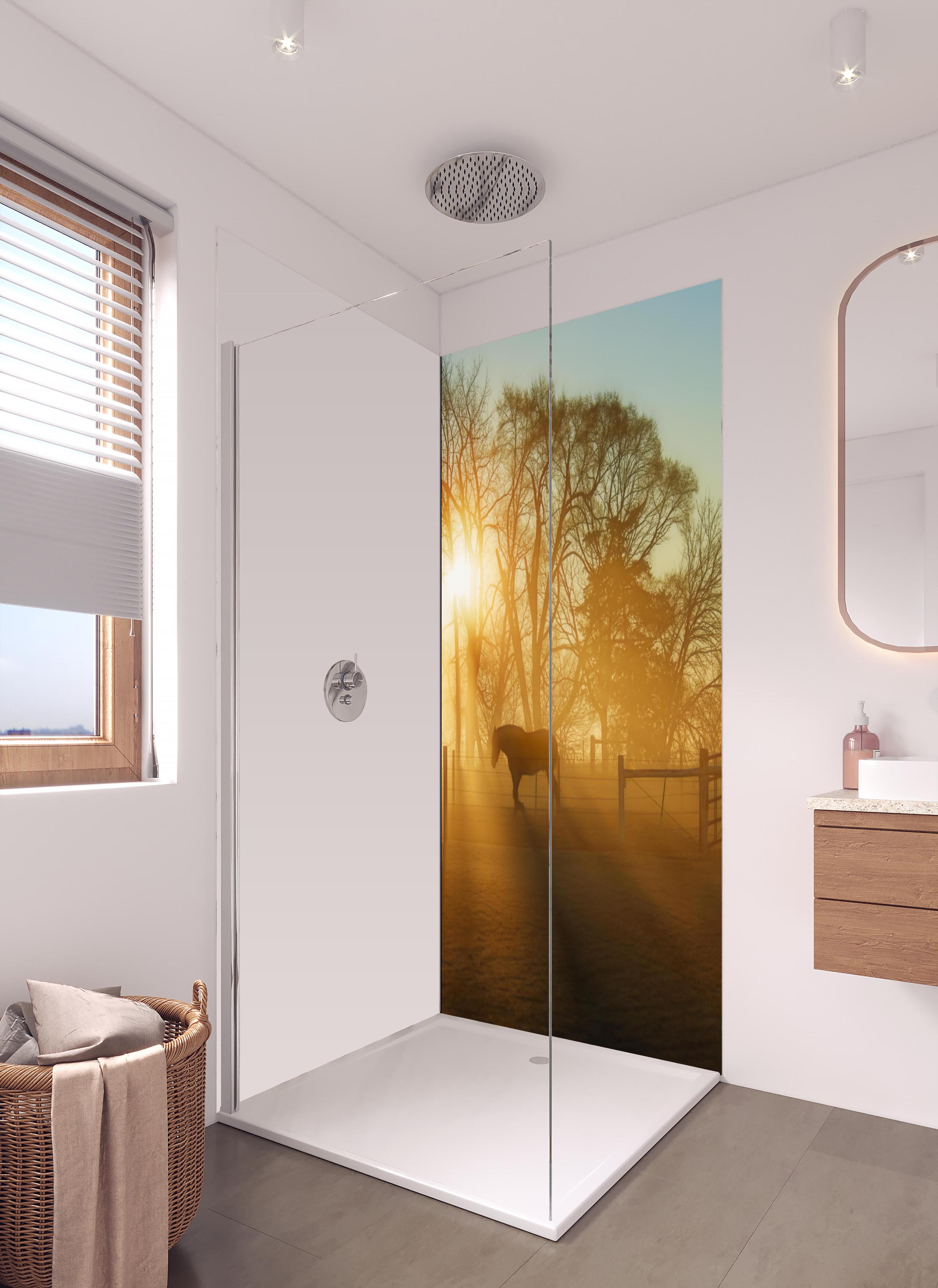 Duschrückwand - Pferd in der Morgendämmerung in hellem Badezimmer mit Regenduschkopf - einteilige Duschrückwand