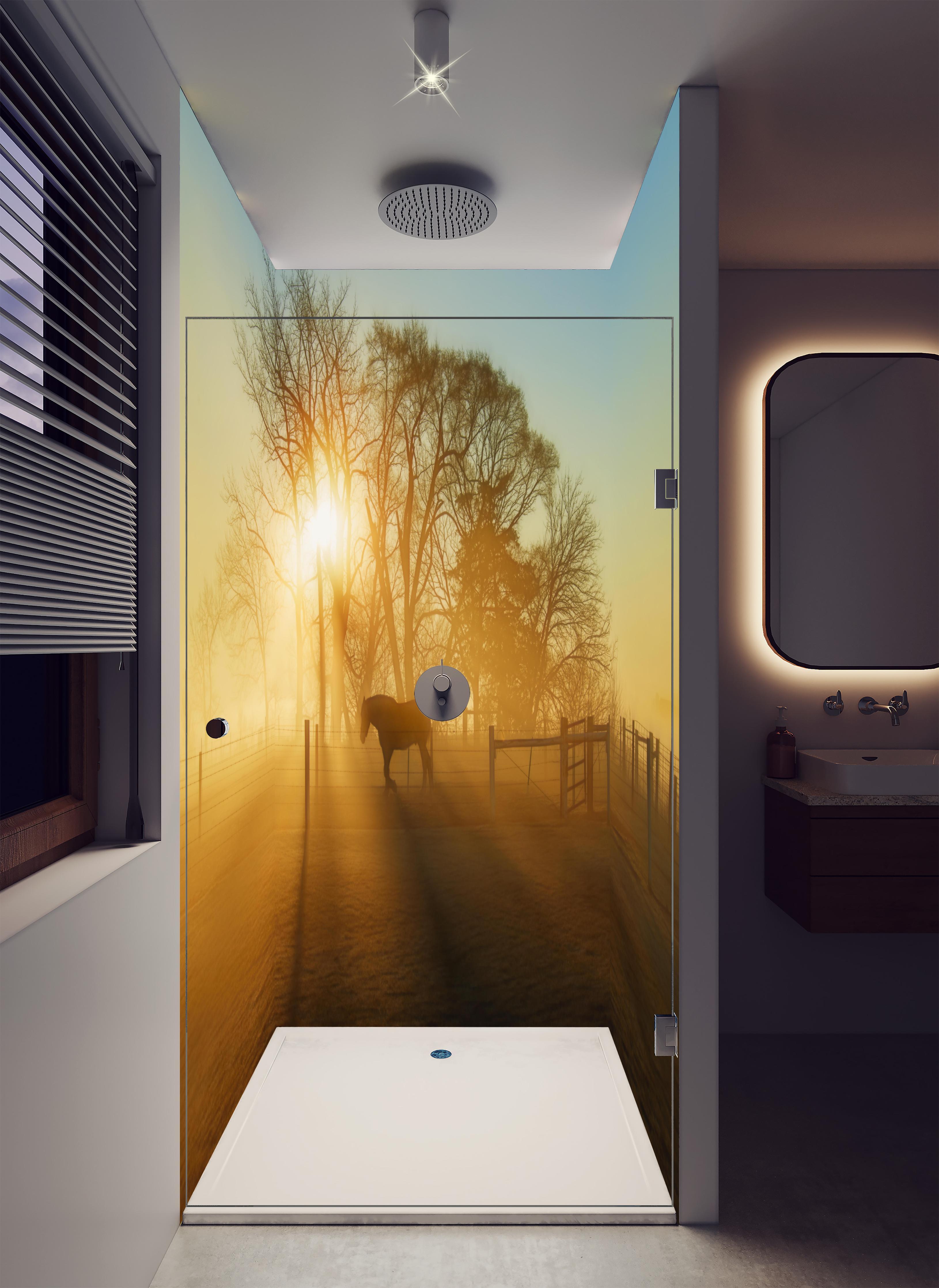 Duschrückwand - Pferd in der Morgendämmerung in luxuriöser Dusche mit Regenduschkopf
