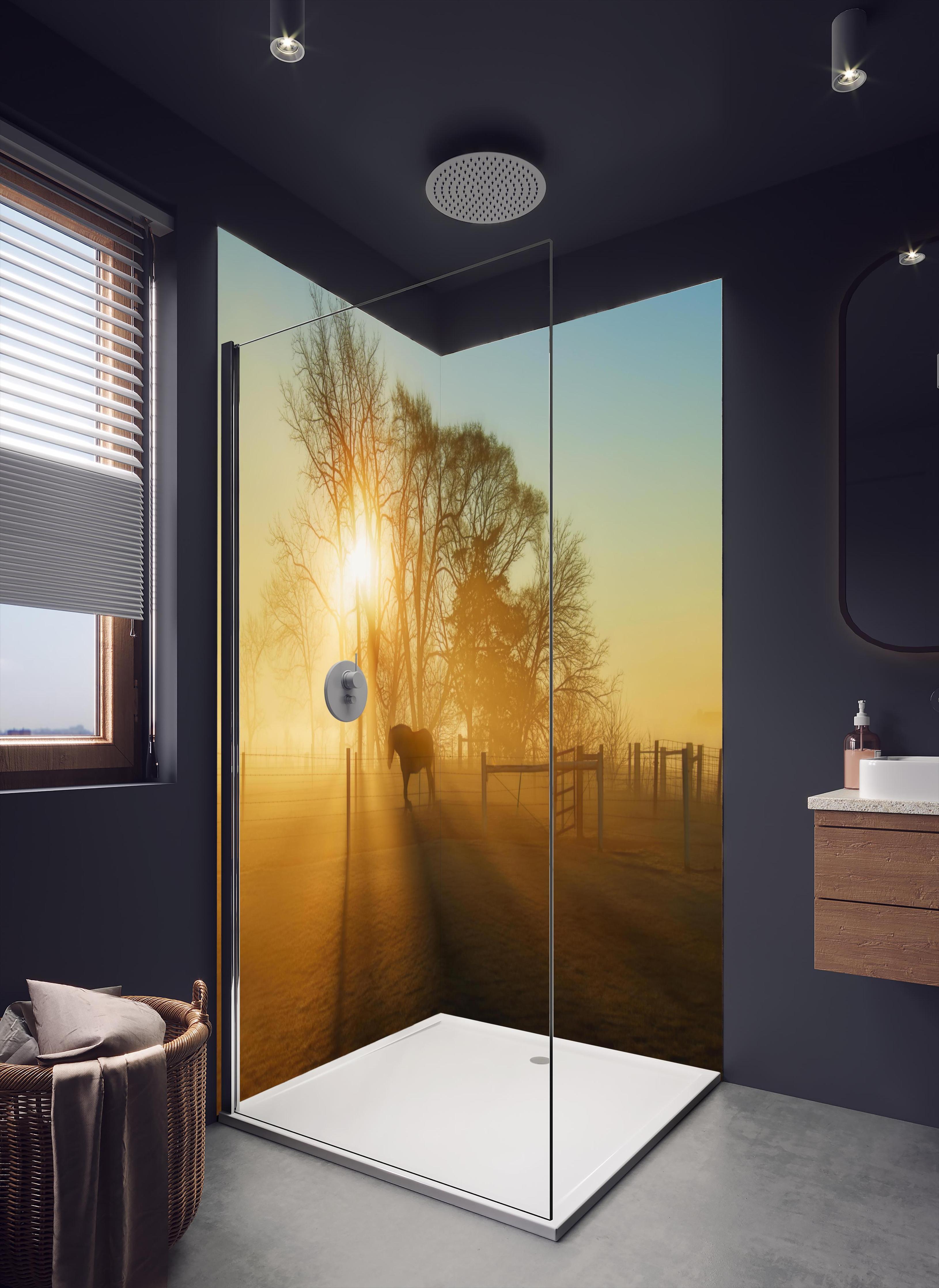 Duschrückwand - Pferd in der Morgendämmerung in dunklem Badezimmer mit Regenduschkopf