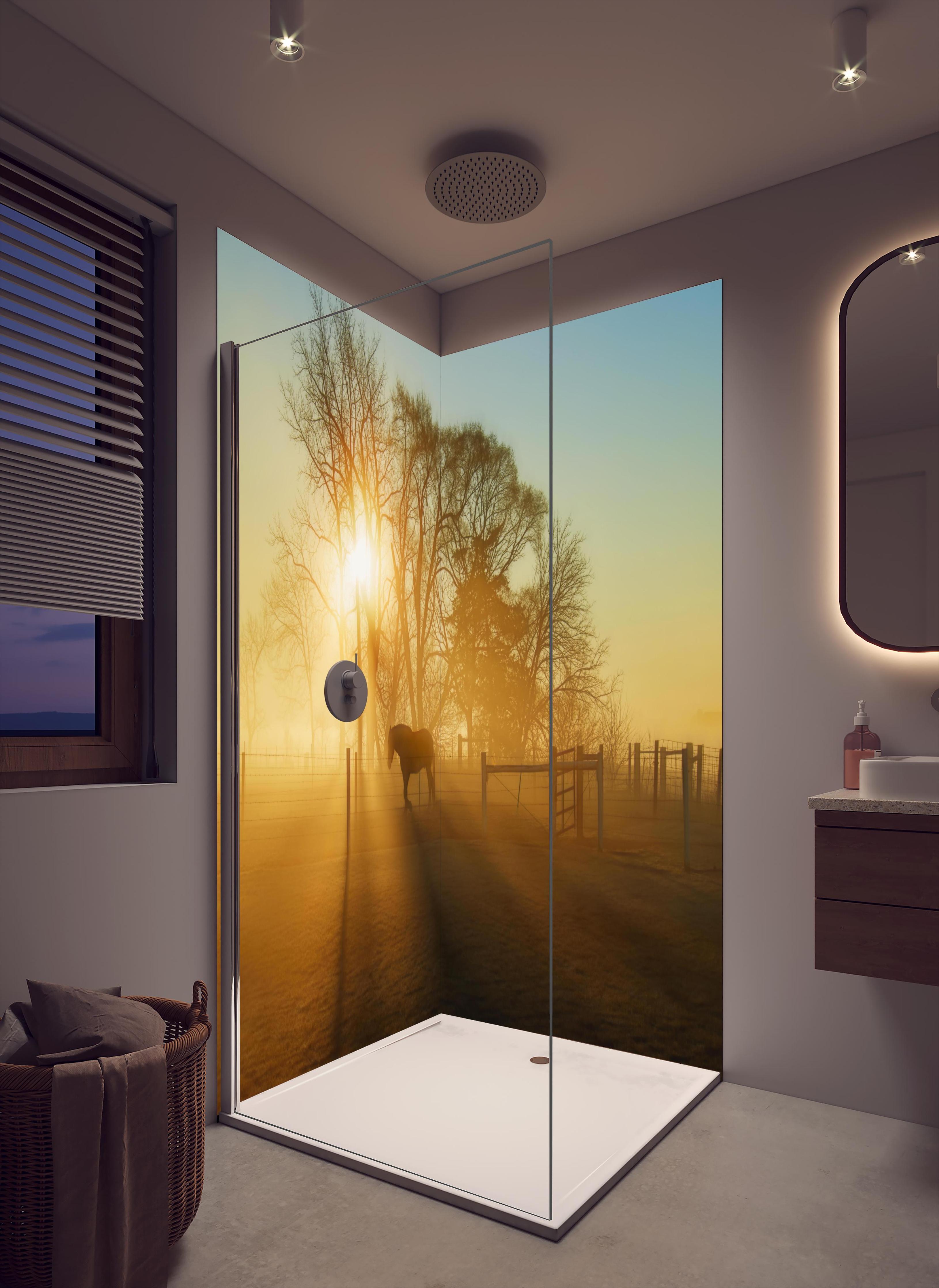 Duschrückwand - Pferd in der Morgendämmerung in cremefarbenem Badezimmer mit Regenduschkopf