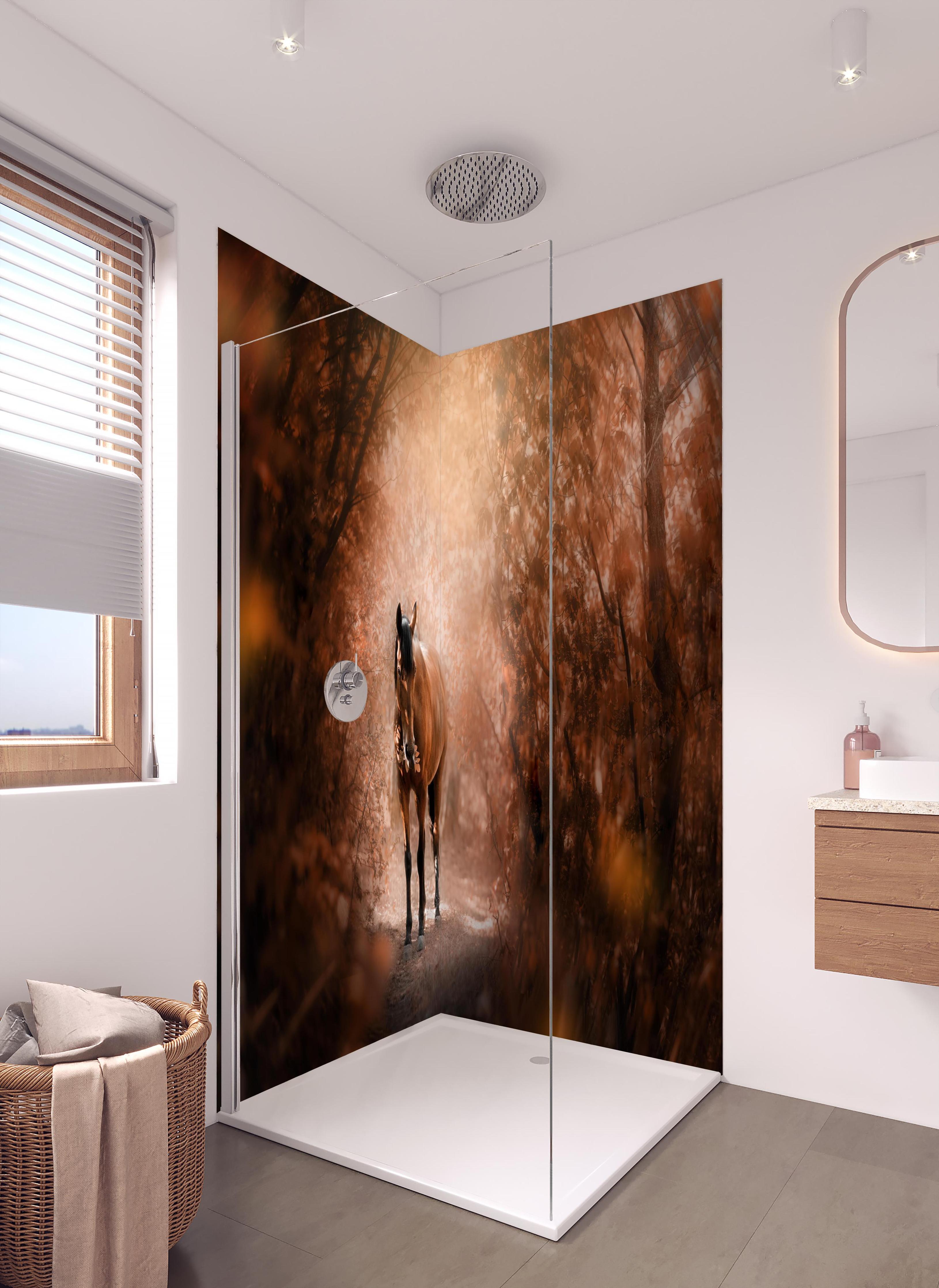 Duschrückwand - Pferd stehend im Wald in hellem Badezimmer mit Regenduschkopf - zweiteilige Eck-Duschrückwand