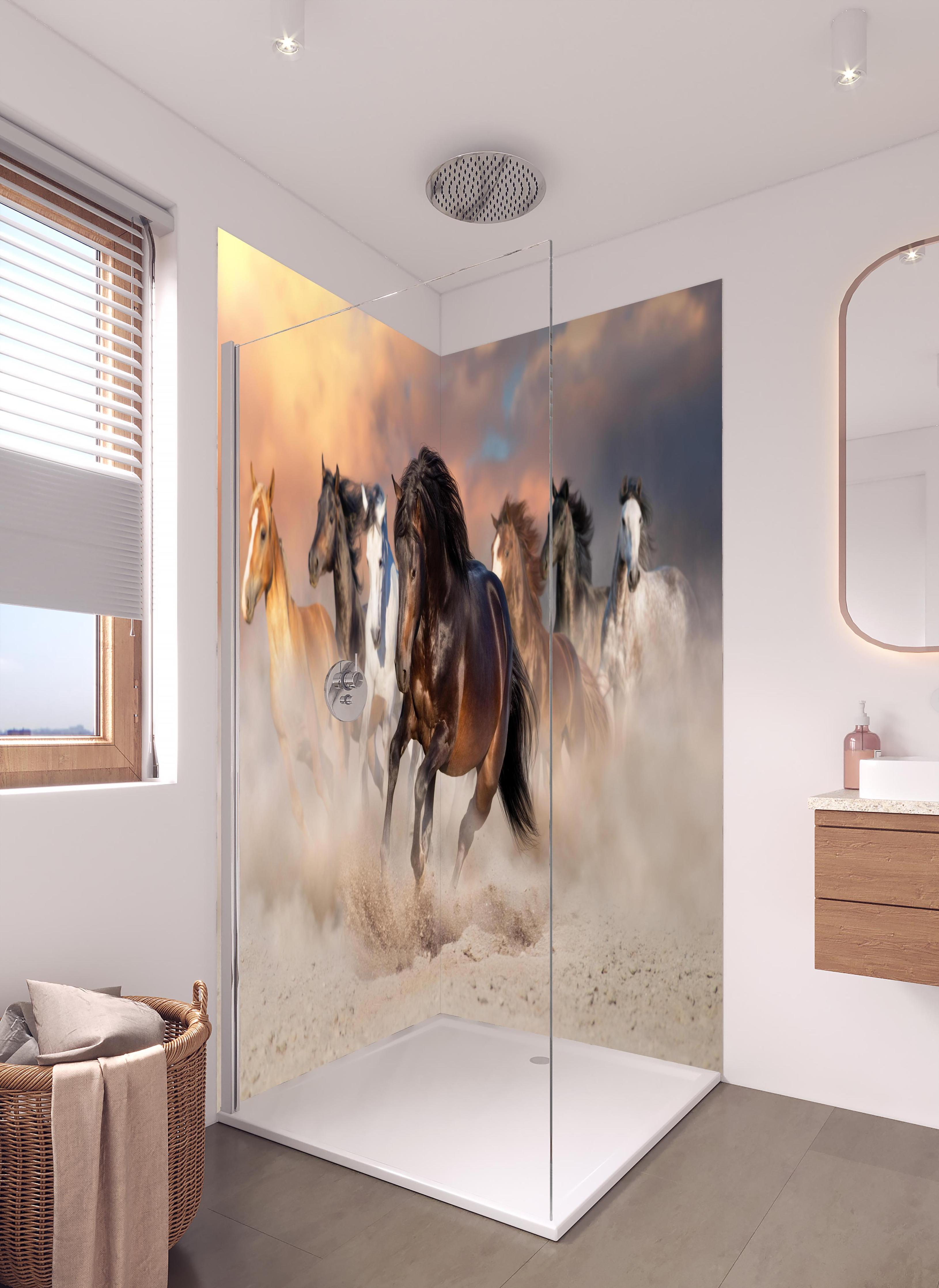 Duschrückwand - Pferdeherde galoppierend im Wüstenstaub in hellem Badezimmer mit Regenduschkopf - zweiteilige Eck-Duschrückwand