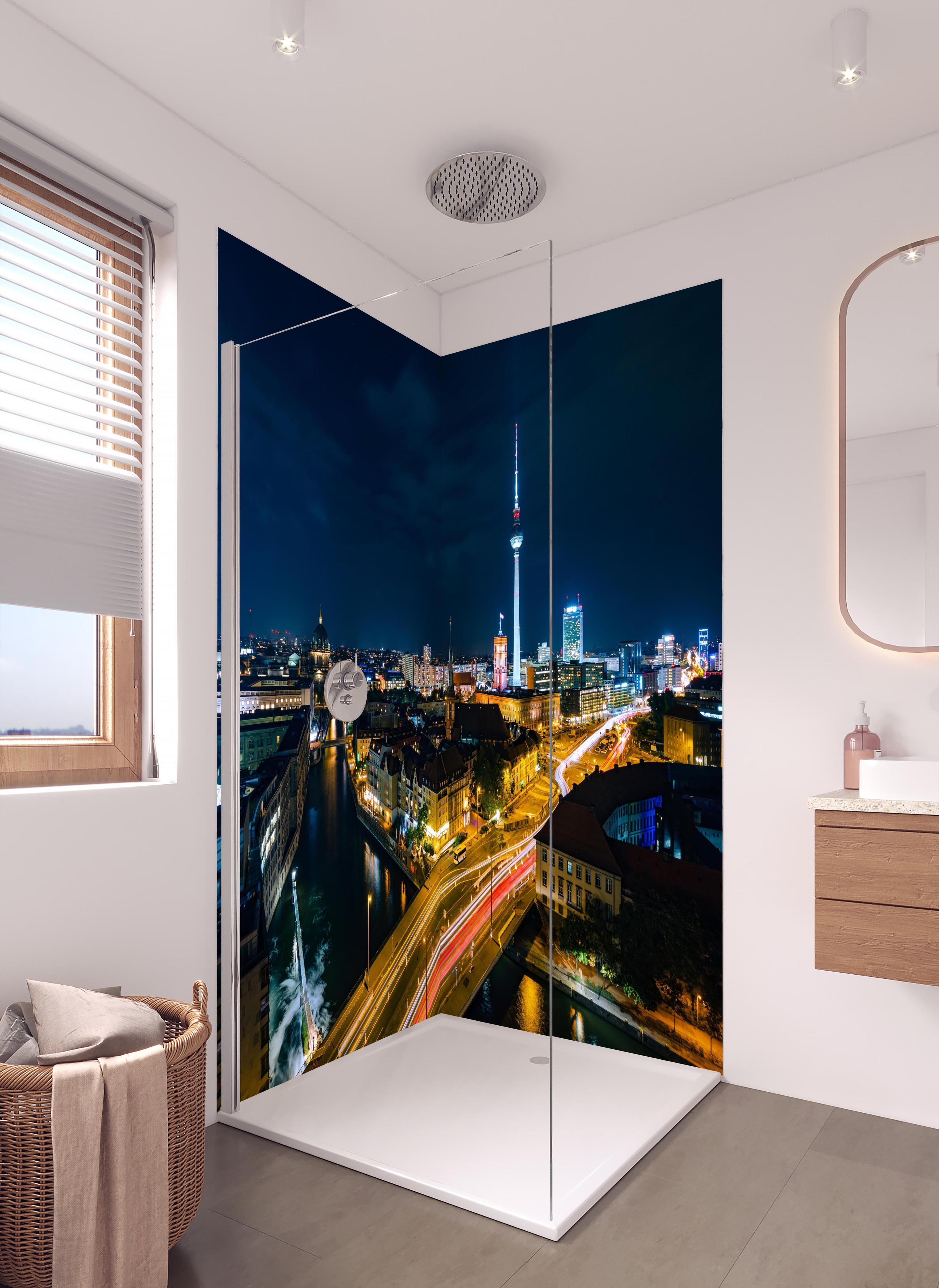 Duschrückwand - Pusteblume schwarz-weiß Hintergrund in hellem Badezimmer mit Regenduschkopf - zweiteilige Eck-Duschrückwand