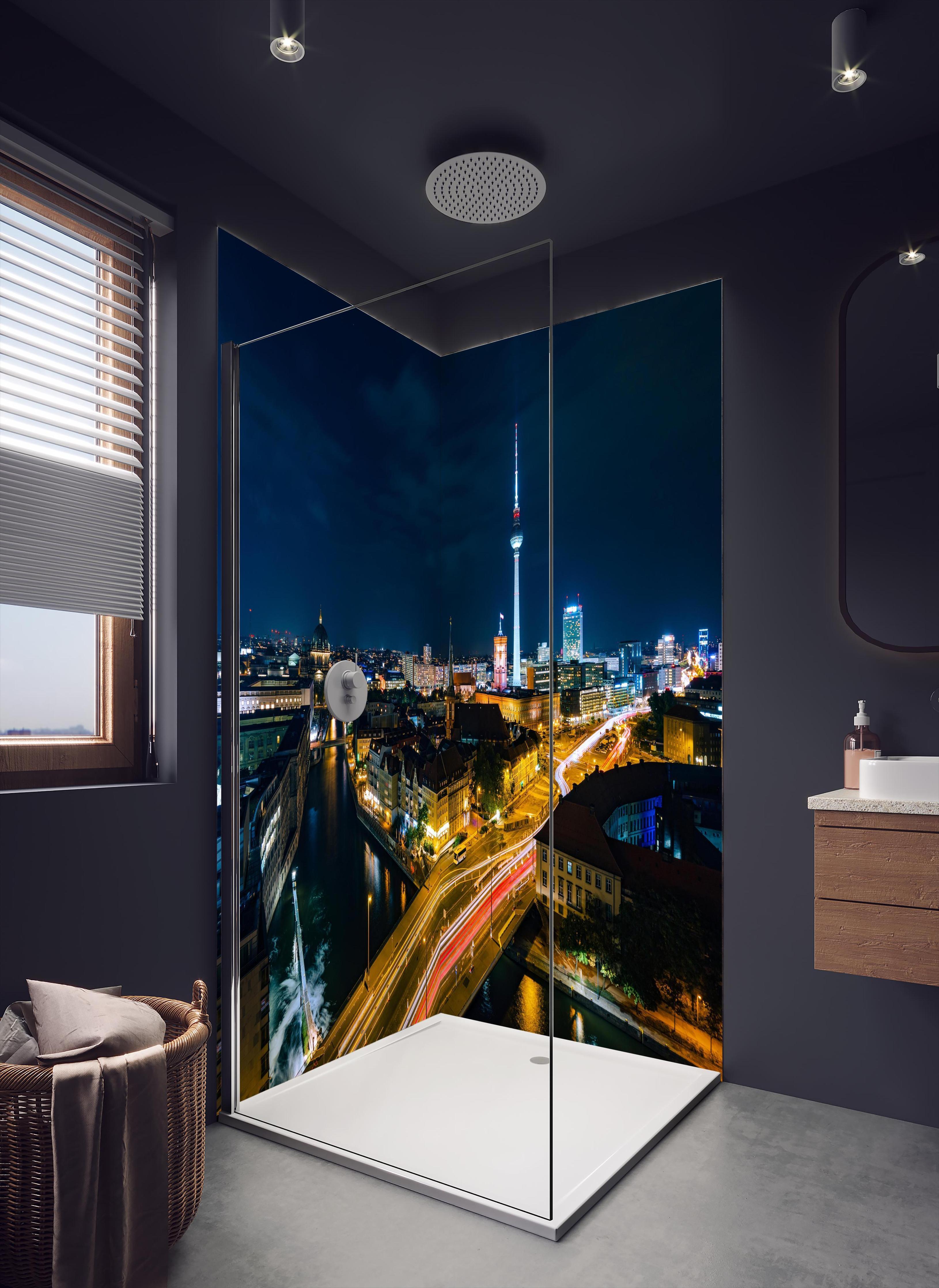 Duschrückwand - Pusteblume schwarz-weiß Hintergrund in dunklem Badezimmer mit Regenduschkopf