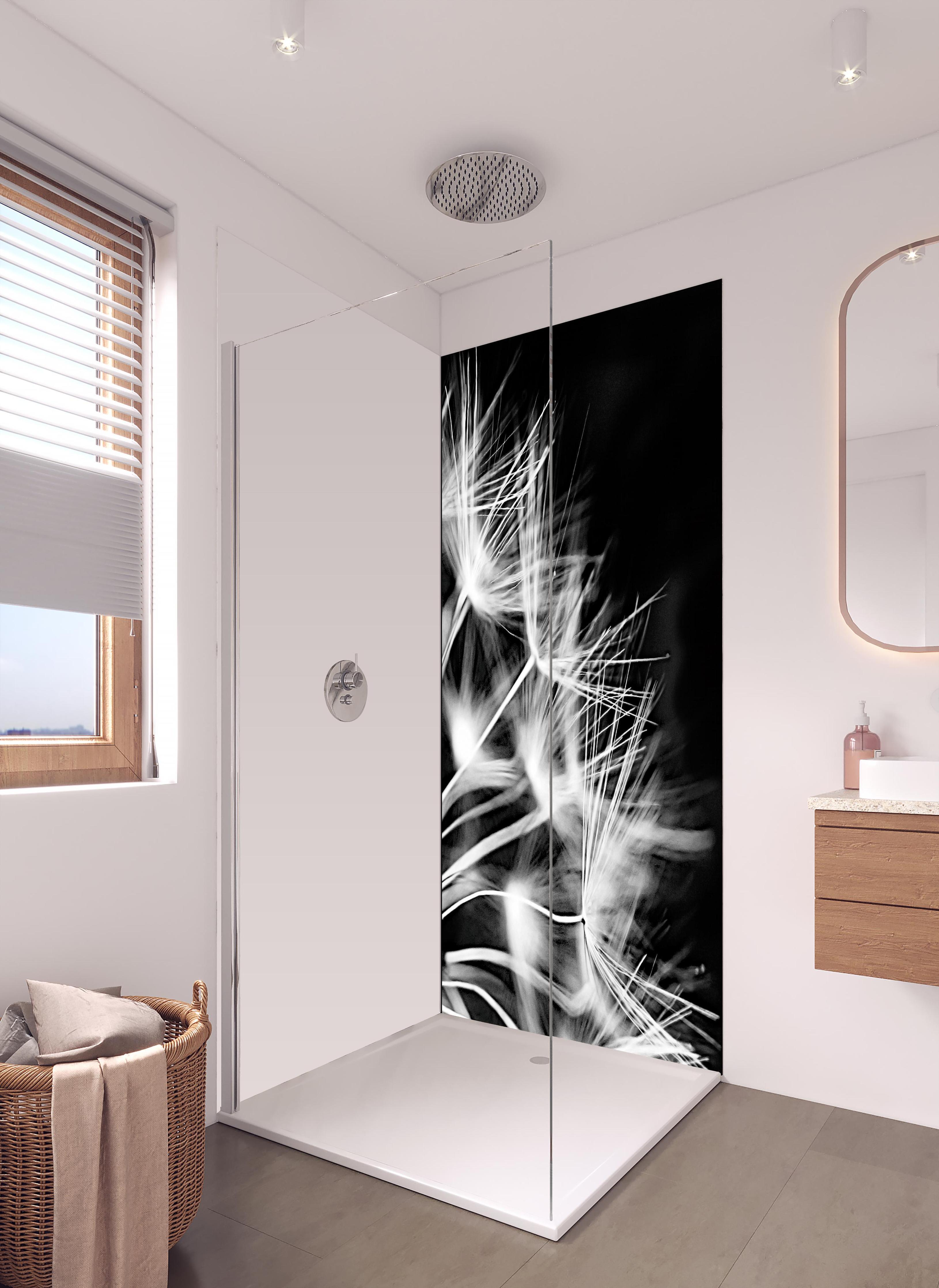Duschrückwand - Pusteblumen schwarz-weiß Hintergrund in hellem Badezimmer mit Regenduschkopf - einteilige Duschrückwand