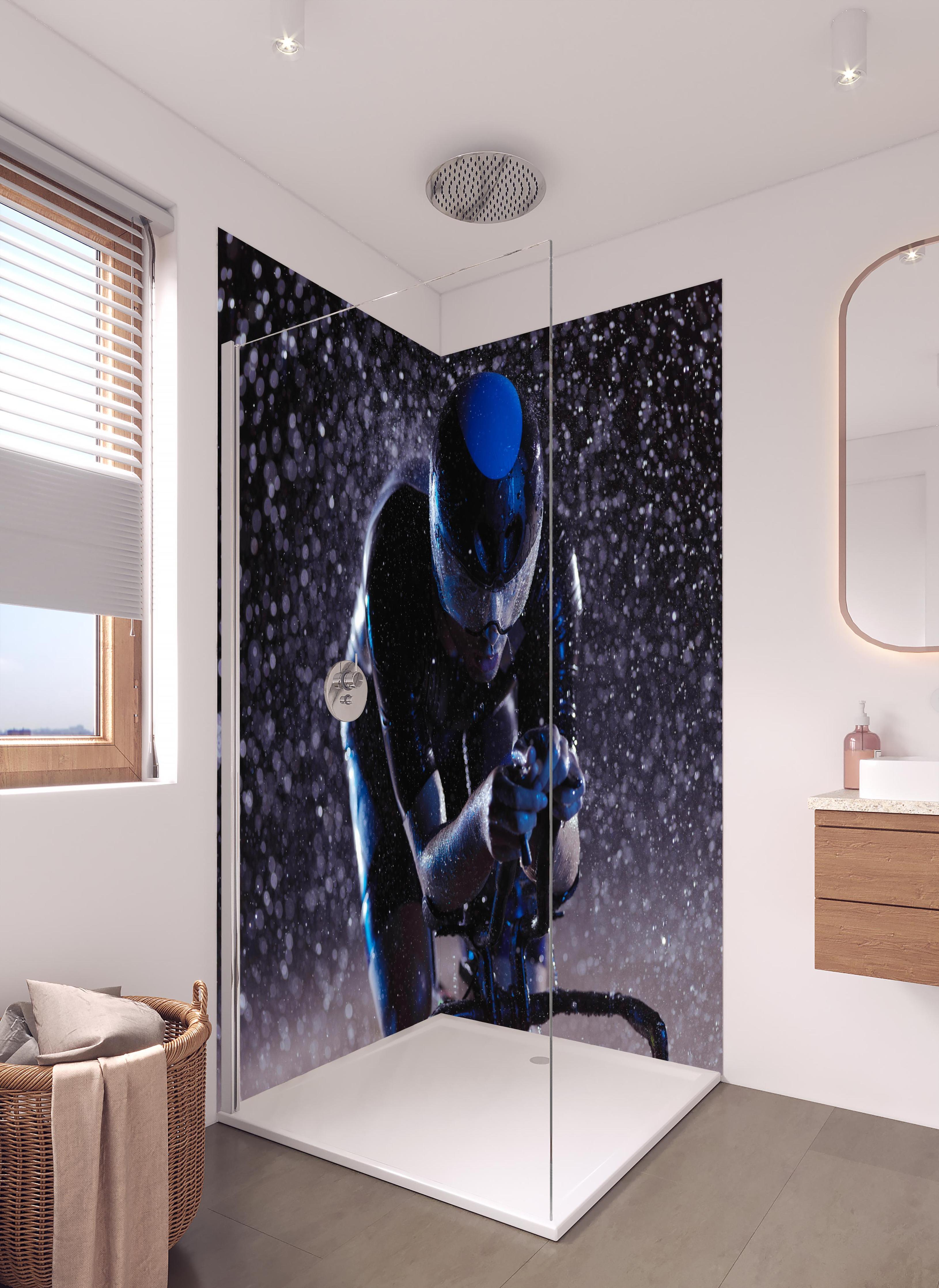 Duschrückwand - Radfahrer nachts bei Regen in hellem Badezimmer mit Regenduschkopf - zweiteilige Eck-Duschrückwand