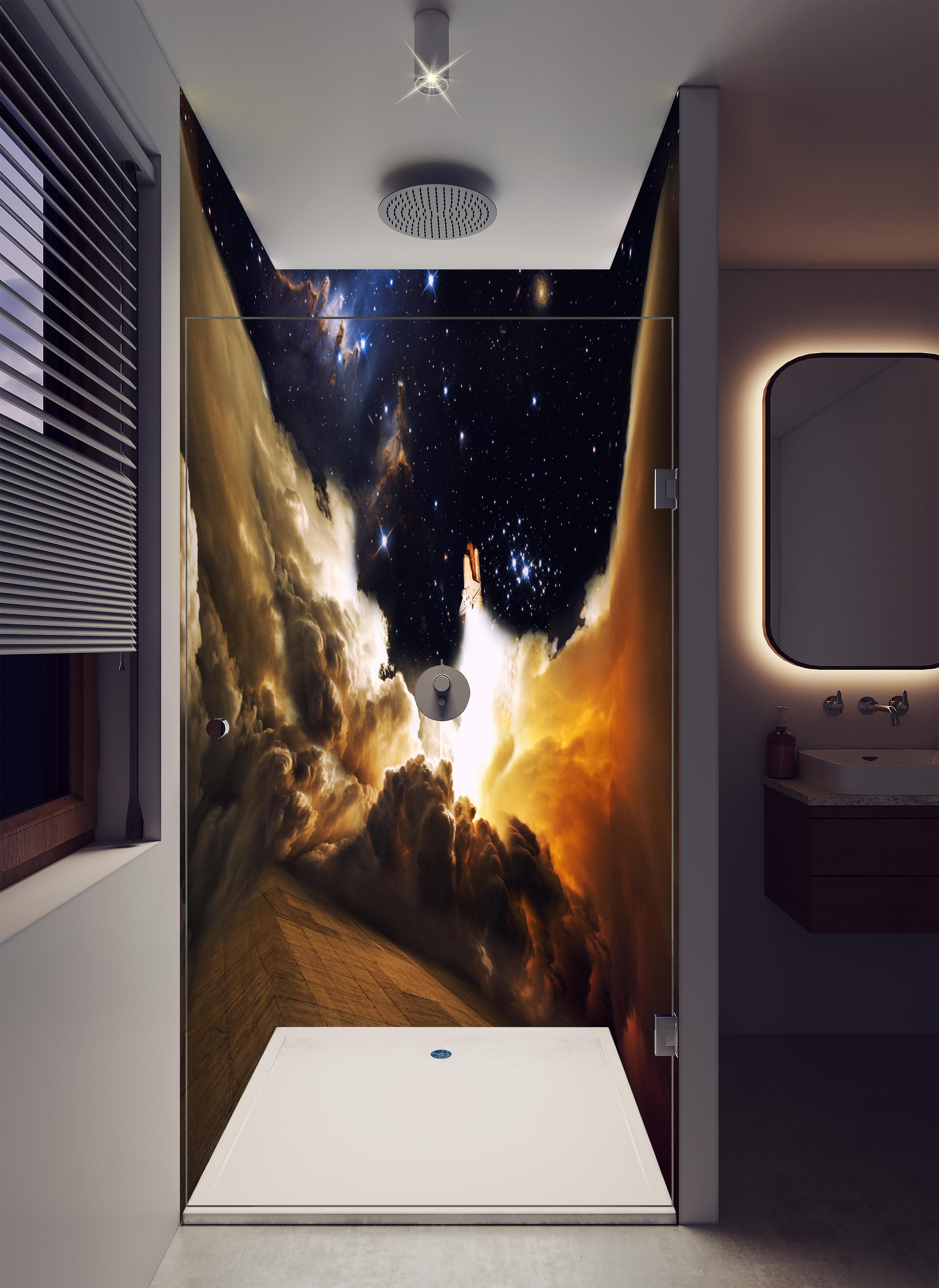 Duschrückwand - Raketenstart ins Weltall in luxuriöser Dusche mit Regenduschkopf