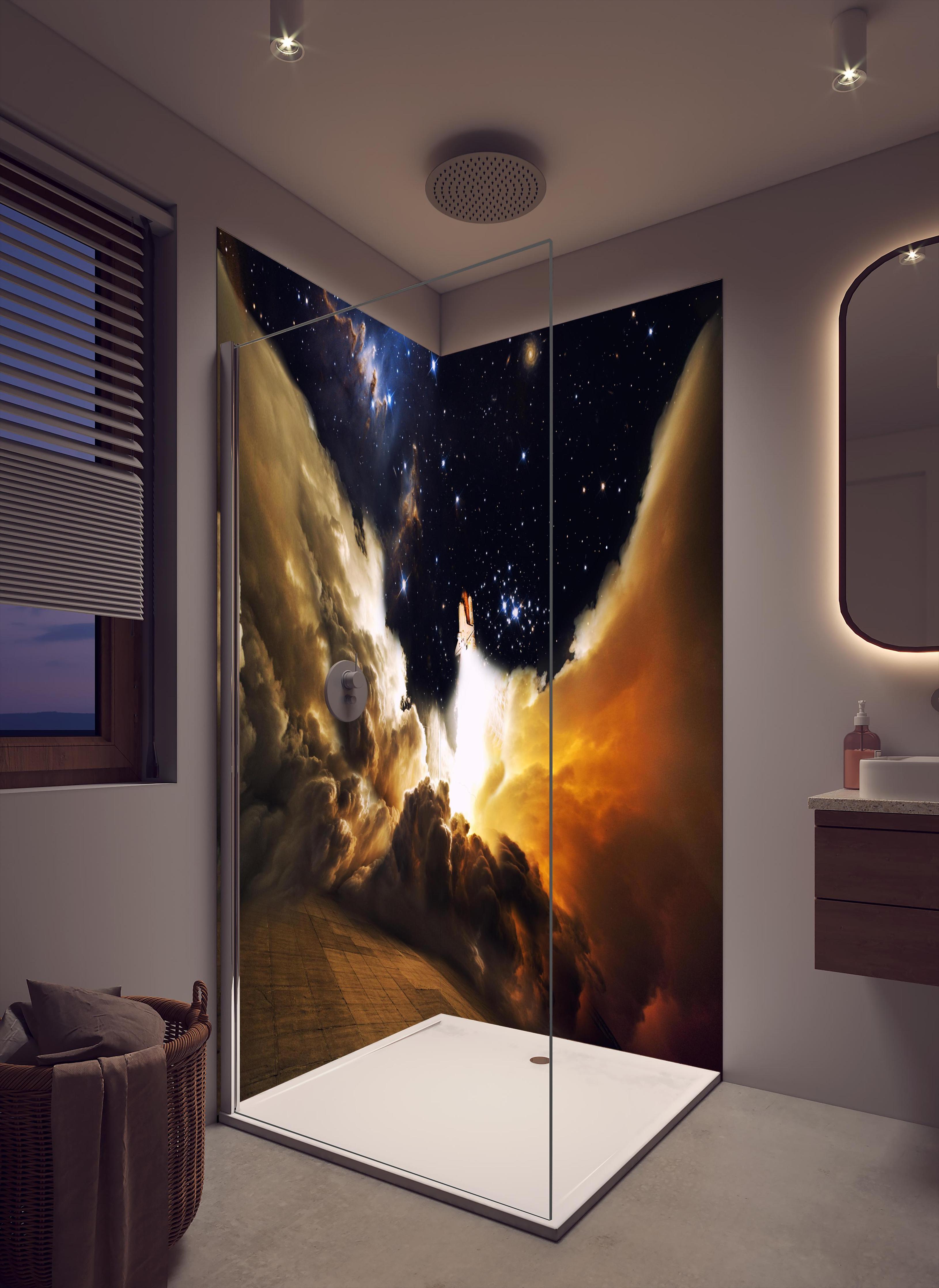 Duschrückwand - Raketenstart ins Weltall in cremefarbenem Badezimmer mit Regenduschkopf