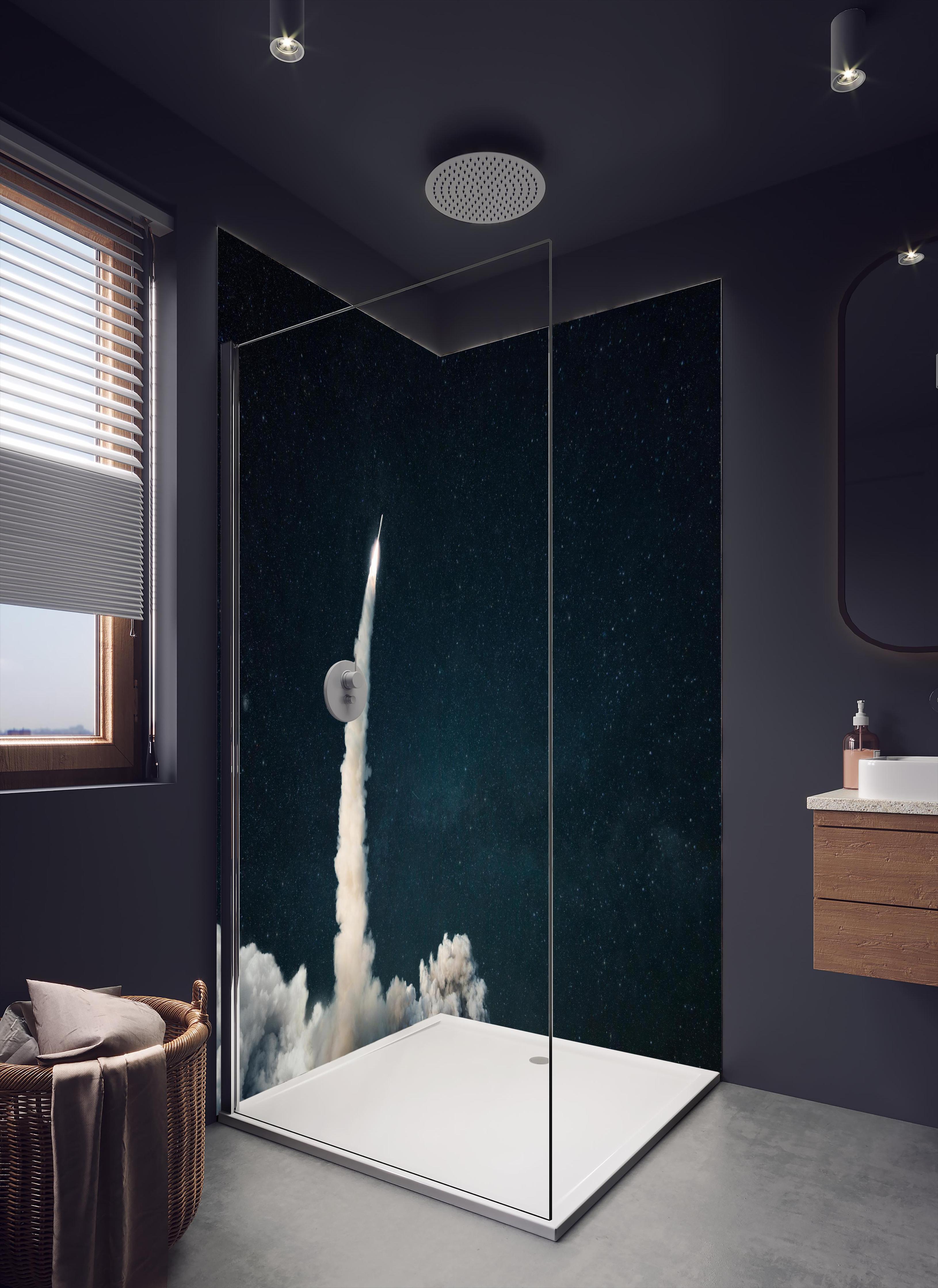 Duschrückwand - Raumschiffstart in den Weltraum in dunklem Badezimmer mit Regenduschkopf