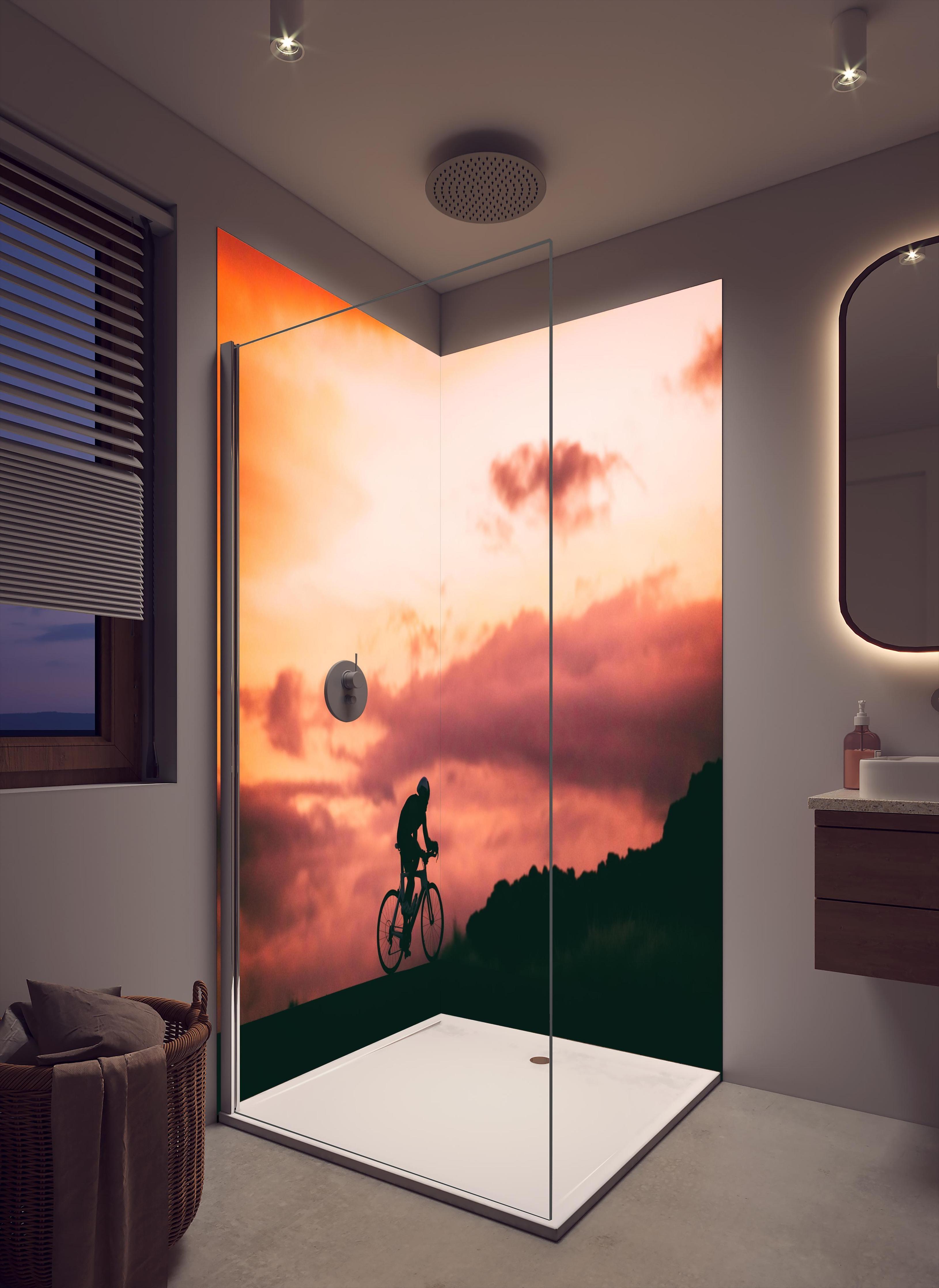 Duschrückwand - Rennradfahrer in cremefarbenem Badezimmer mit Regenduschkopf
