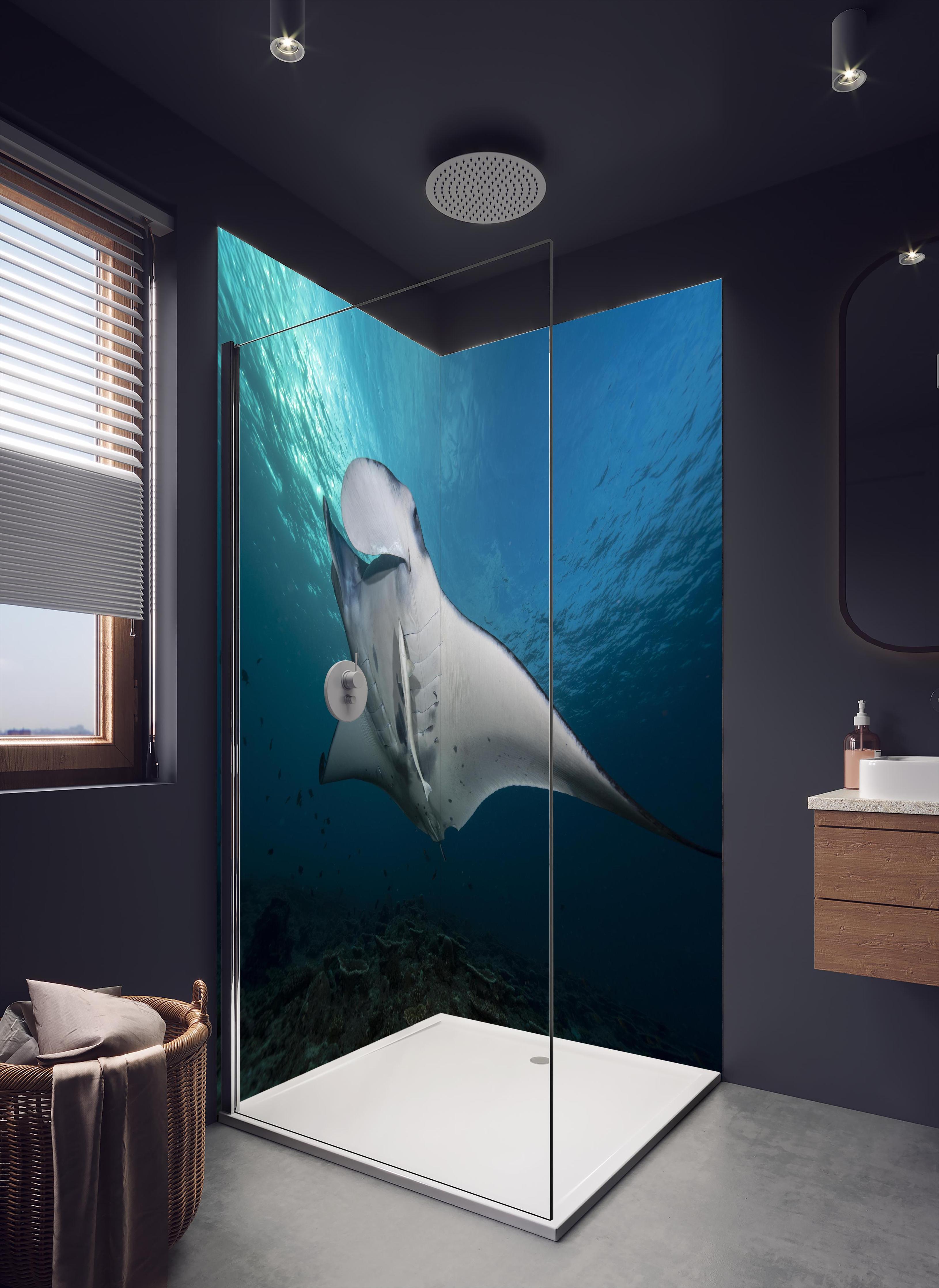 Duschrückwand - Riff-Manta Unterwasser in dunklem Badezimmer mit Regenduschkopf