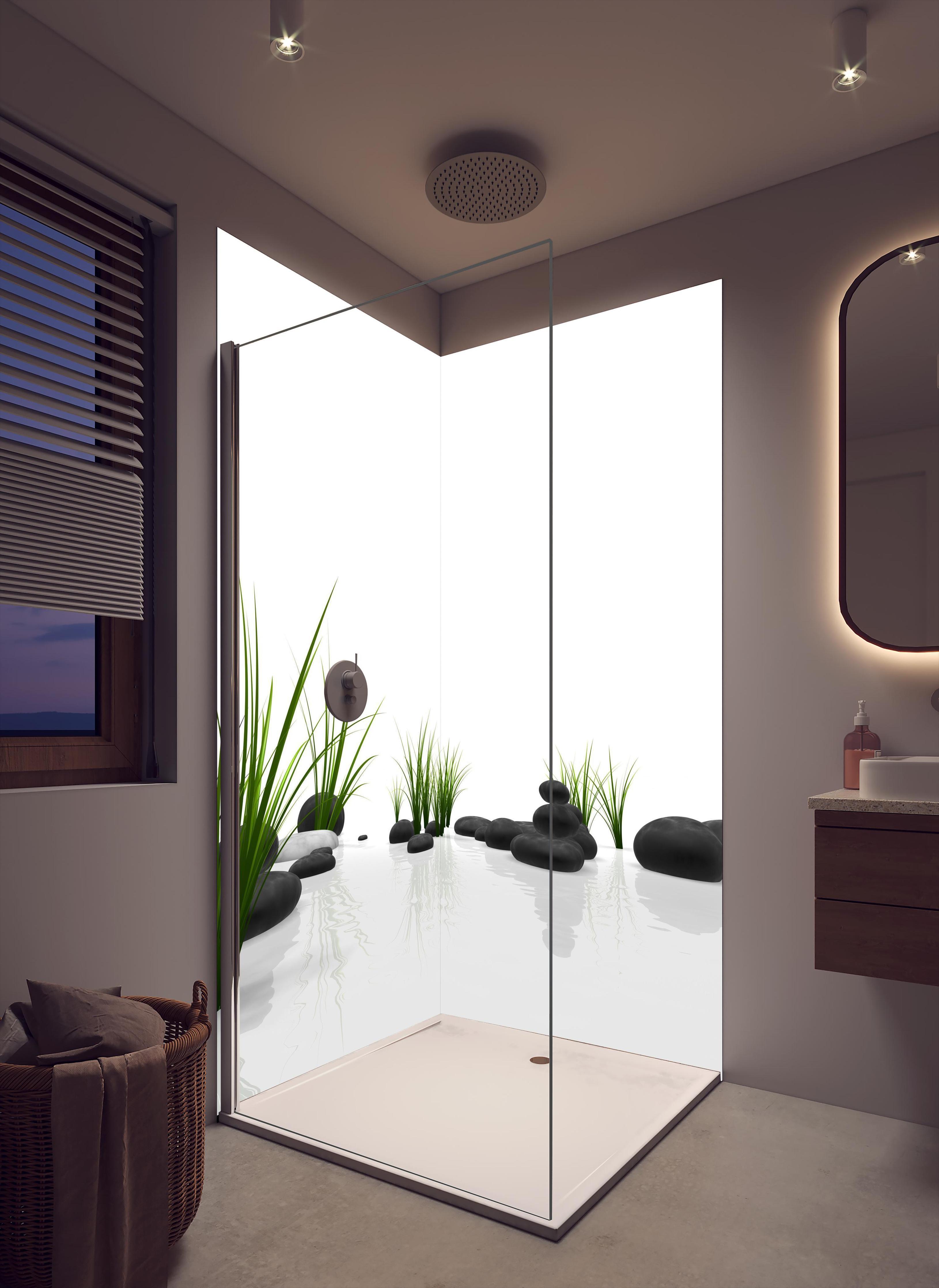 Duschrückwand - Ruhiges Steine Gefilde mit Gras und Wasser in cremefarbenem Badezimmer mit Regenduschkopf