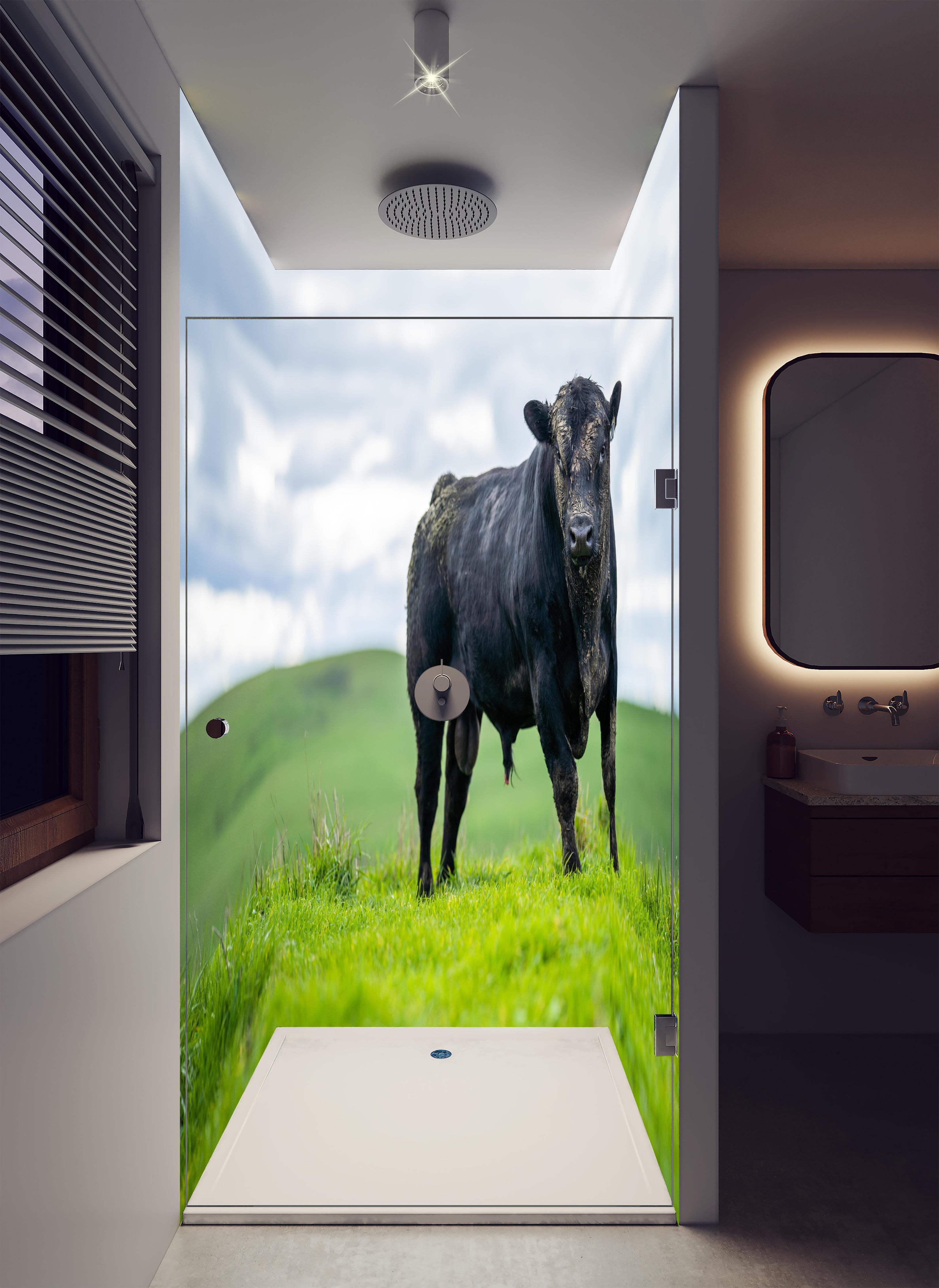 Duschrückwand - Schmutziger Aberdeen Angus in luxuriöser Dusche mit Regenduschkopf