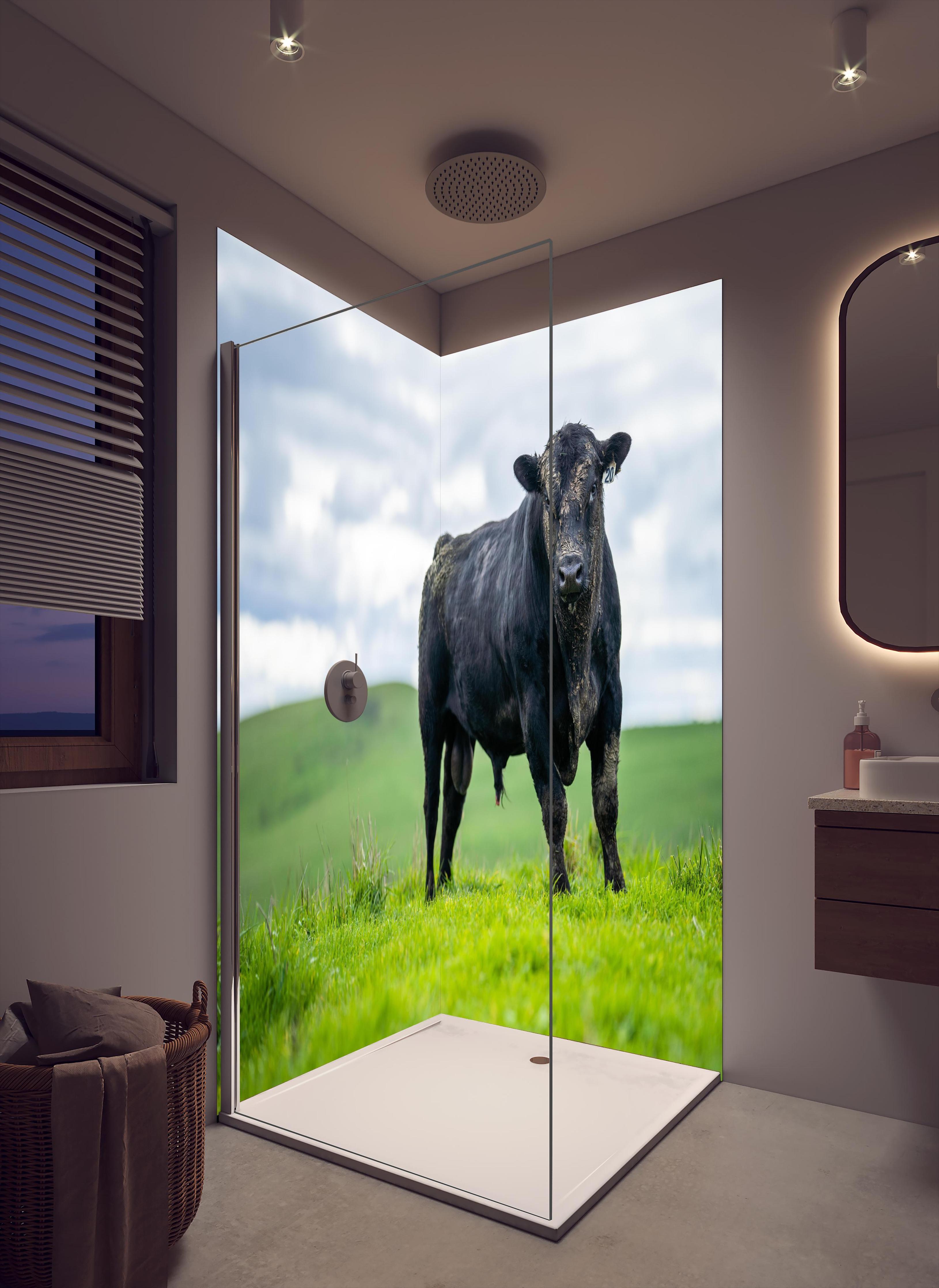 Duschrückwand - Schmutziger Aberdeen Angus in cremefarbenem Badezimmer mit Regenduschkopf